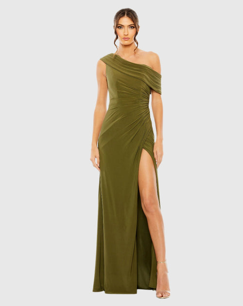 Foldover Off-the-Shoulder Slit Gown