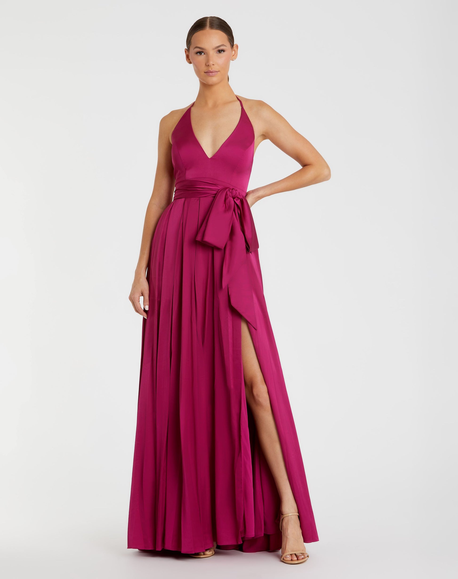 Charmeuse Halter Strap Soft Tie Waist Gown - Mac Duggal Charmeuse Halter Strap Soft Tie Waist Gown - Mac Duggal