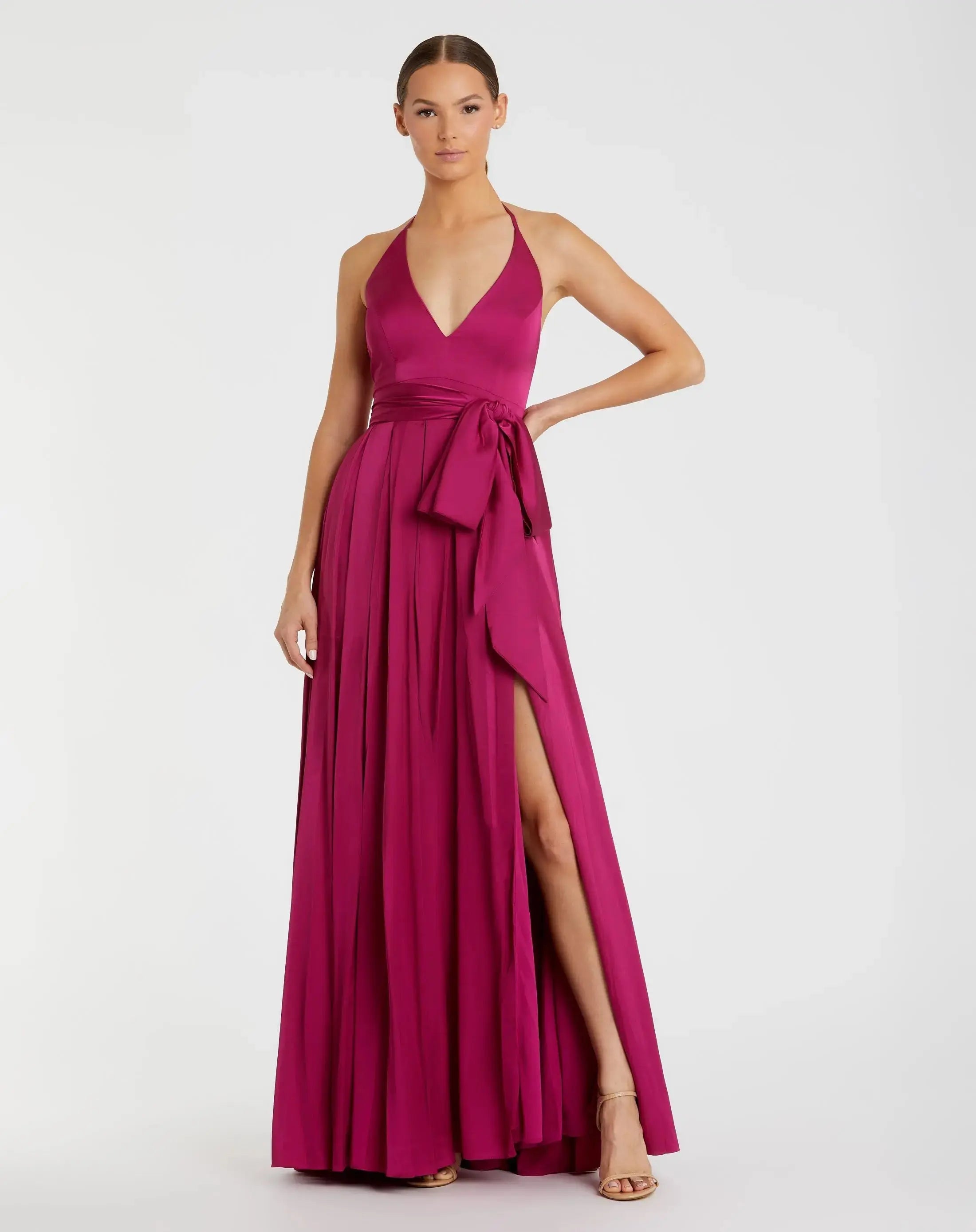 Charmeuse Halter Strap Soft Tie Waist Gown - Mac Duggal