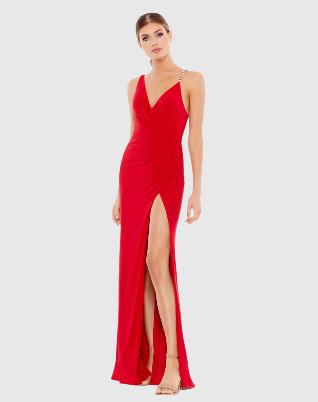 Asymmetrical Pearl Strap V-Neck Gown