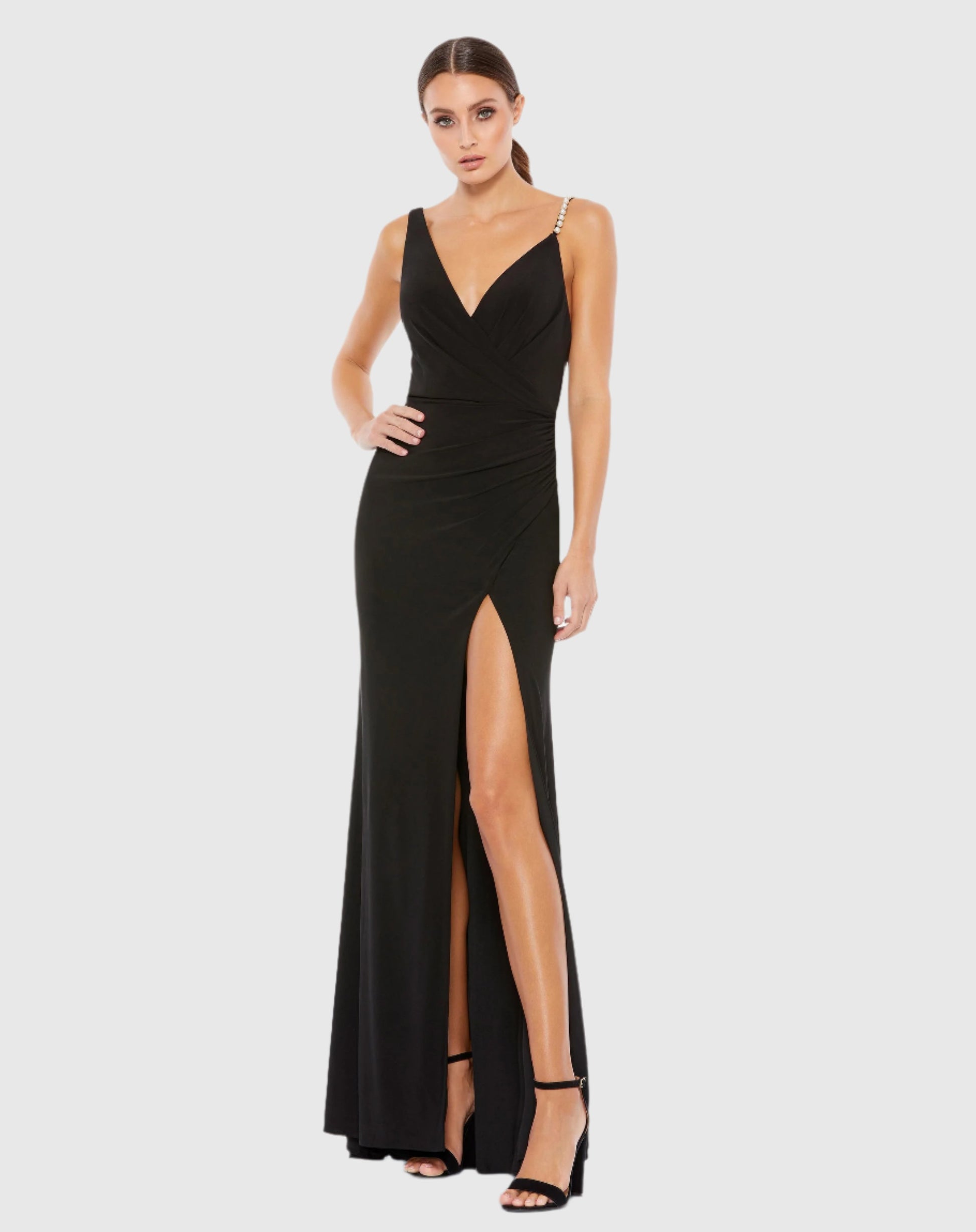 Faux Wrap Rhinestone Strap Gown