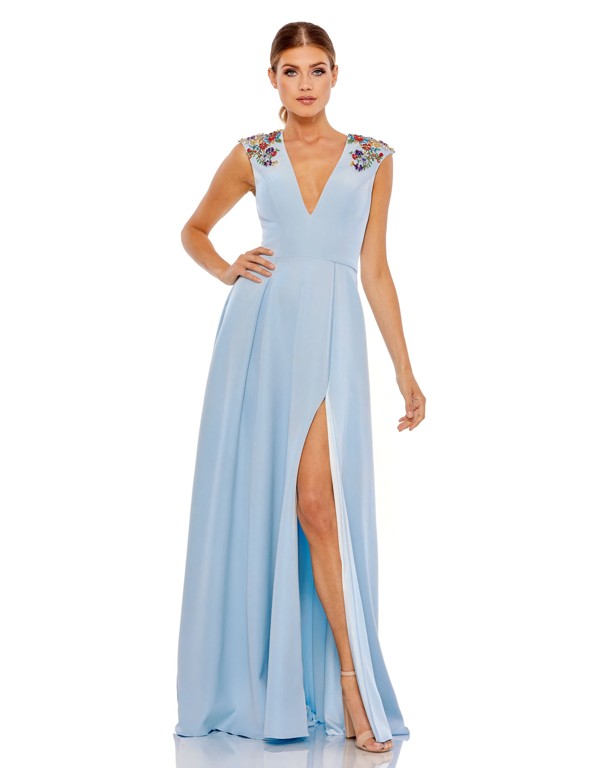 Beaded Cap Sleeve V Neck A Line Gown