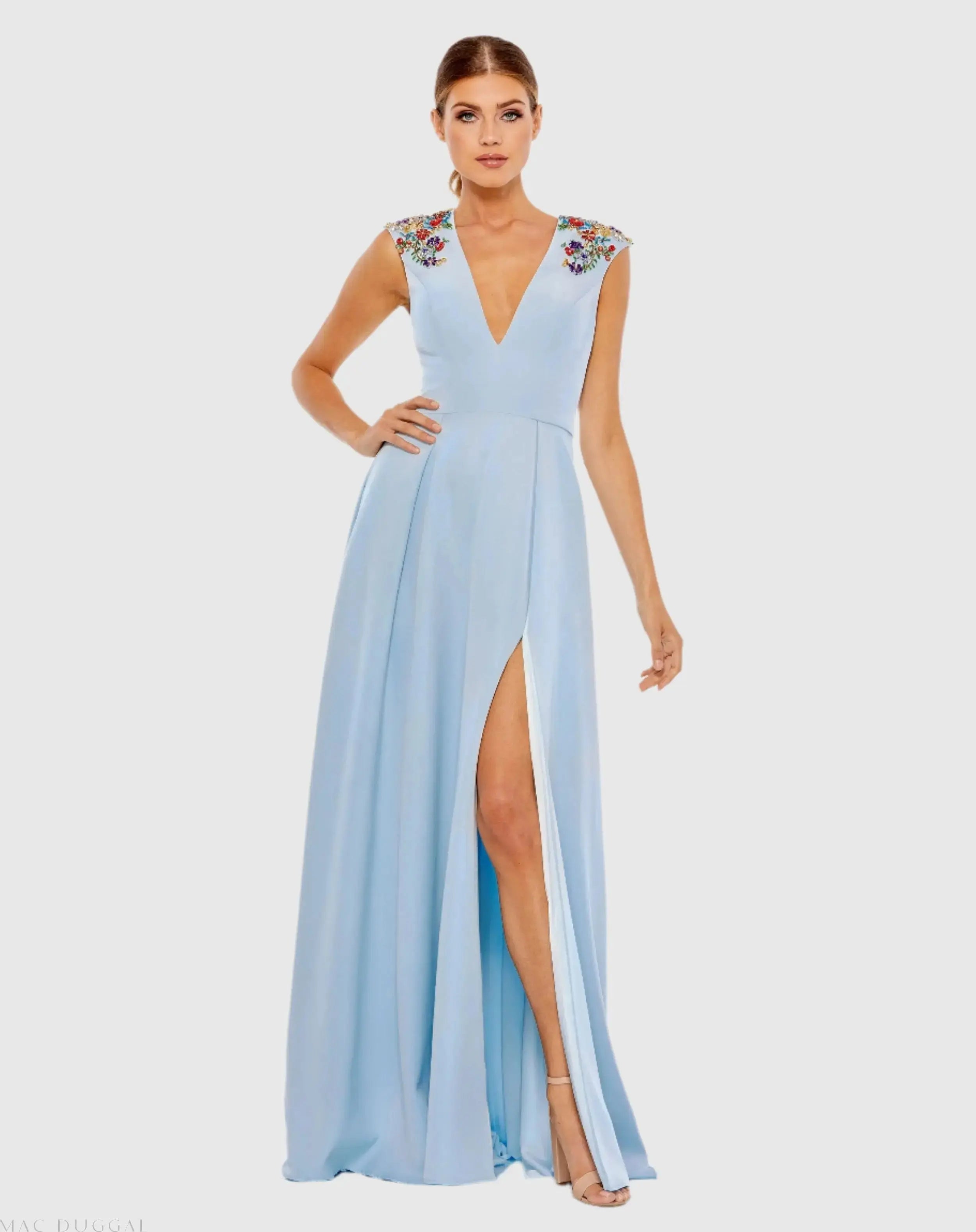 Dark Blue Beaded Cap Sleeve V Neck A Line Gown - Mac Duggal