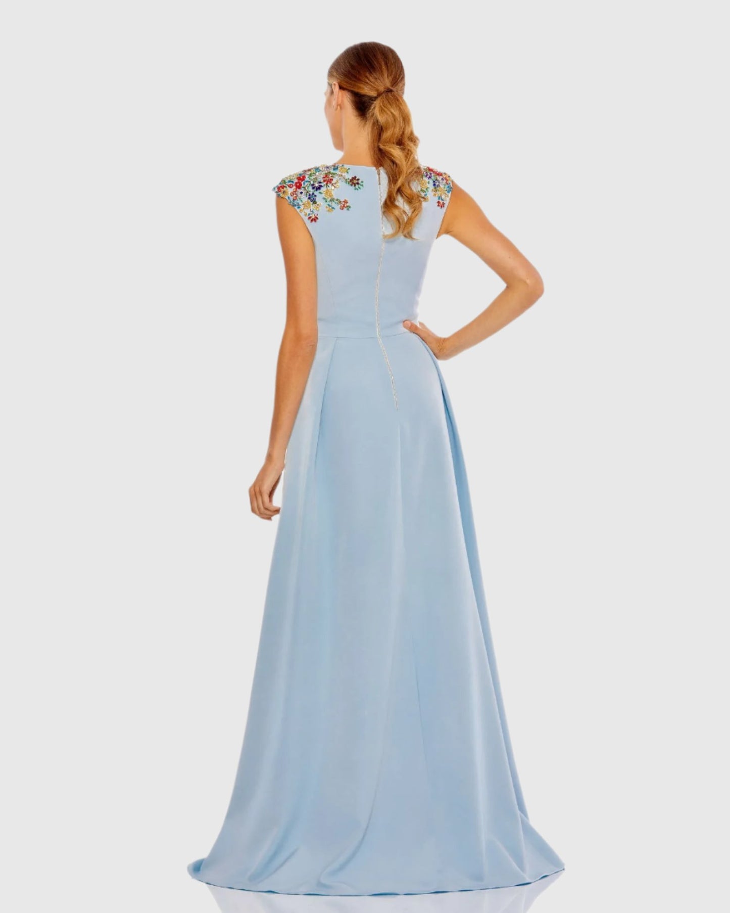 Dark Blue Beaded Cap Sleeve V Neck A Line Gown