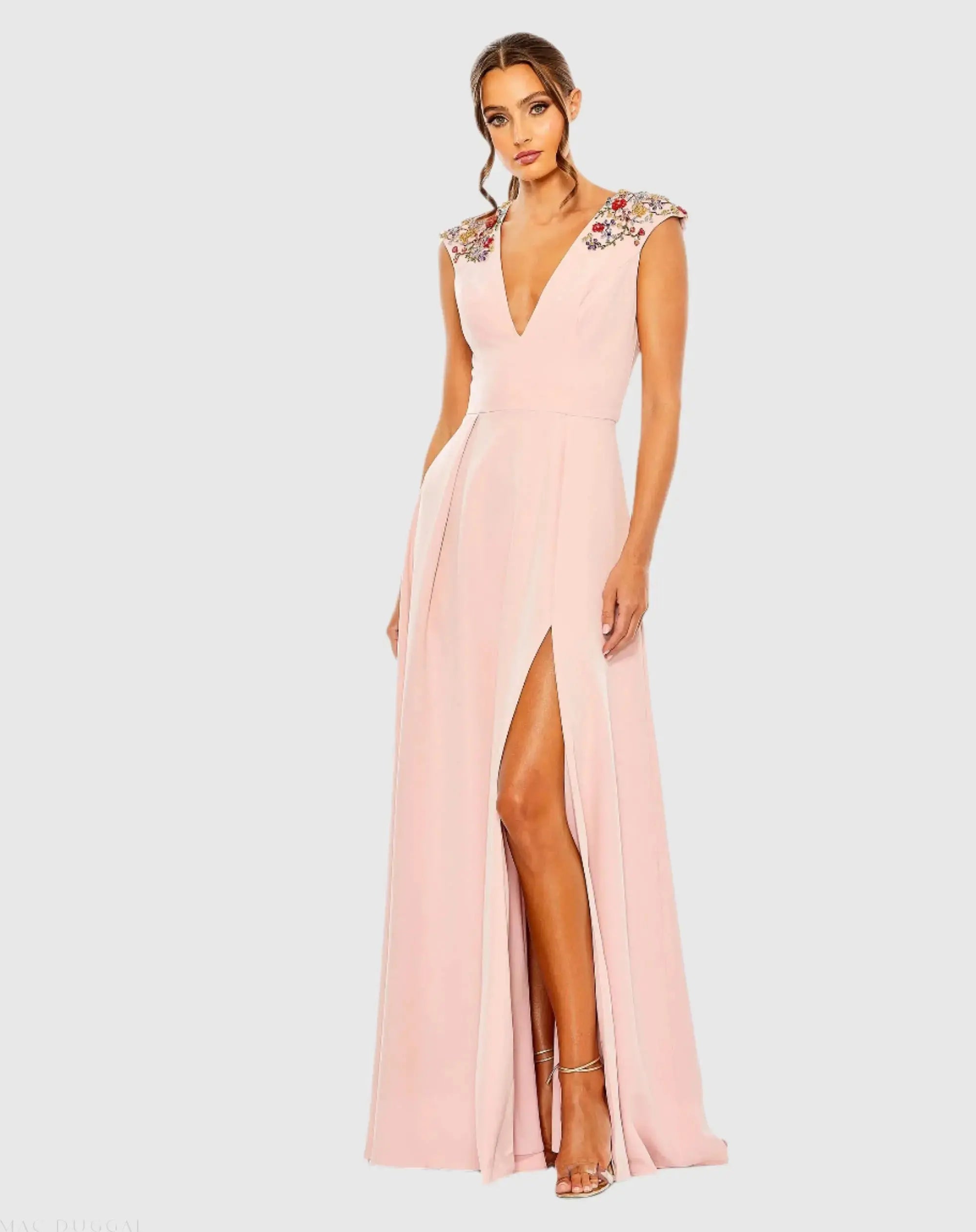 Pink Beaded Cap Sleeve V Neck A Line Gown - Ieena for Mac Duggal