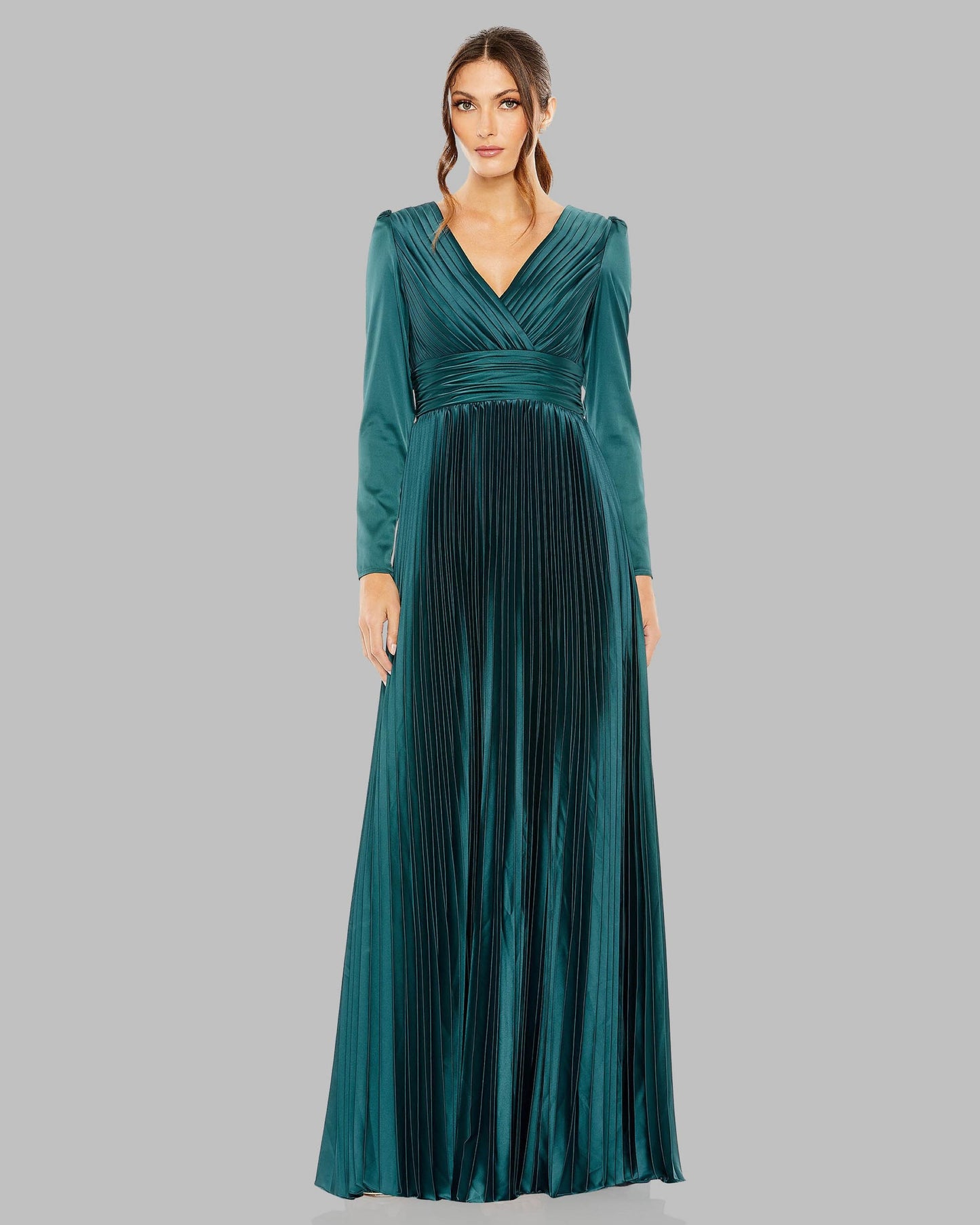 Teal Pleated Long Sleeve V-Neck Gown Ieena for Mac Duggal