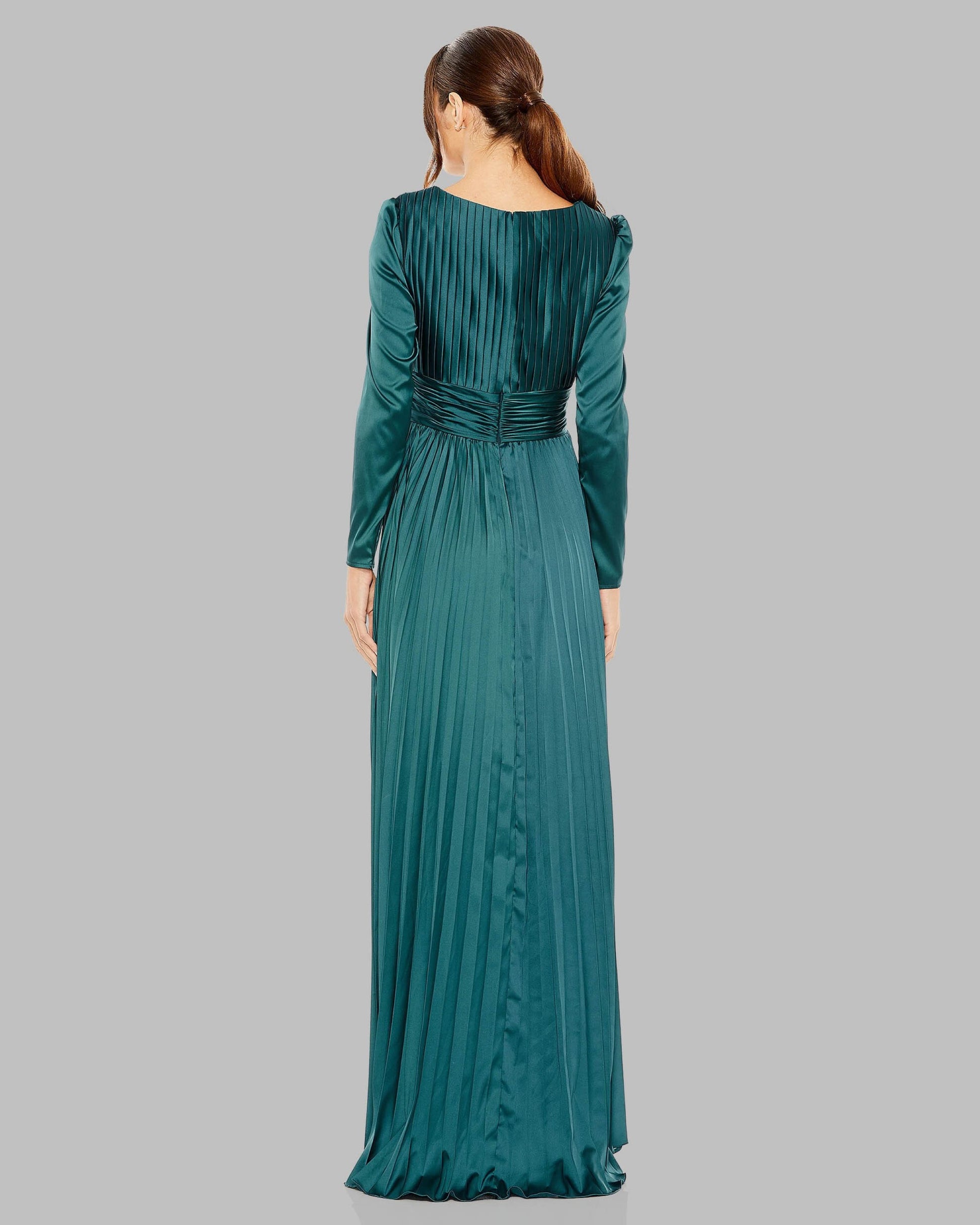 Teal Pleated Long Sleeve V-Neck Gown Ieena for Mac Duggal