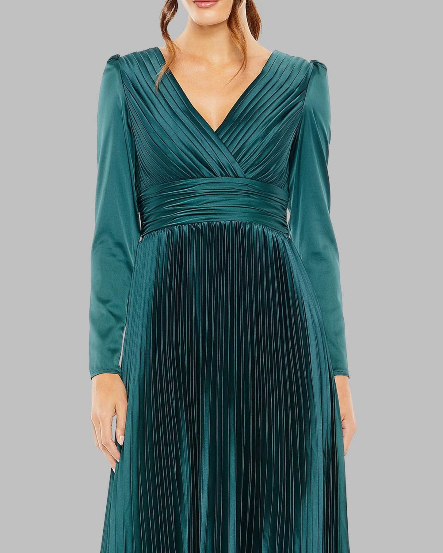 Teal Pleated Long Sleeve V-Neck Gown Ieena for Mac Duggal