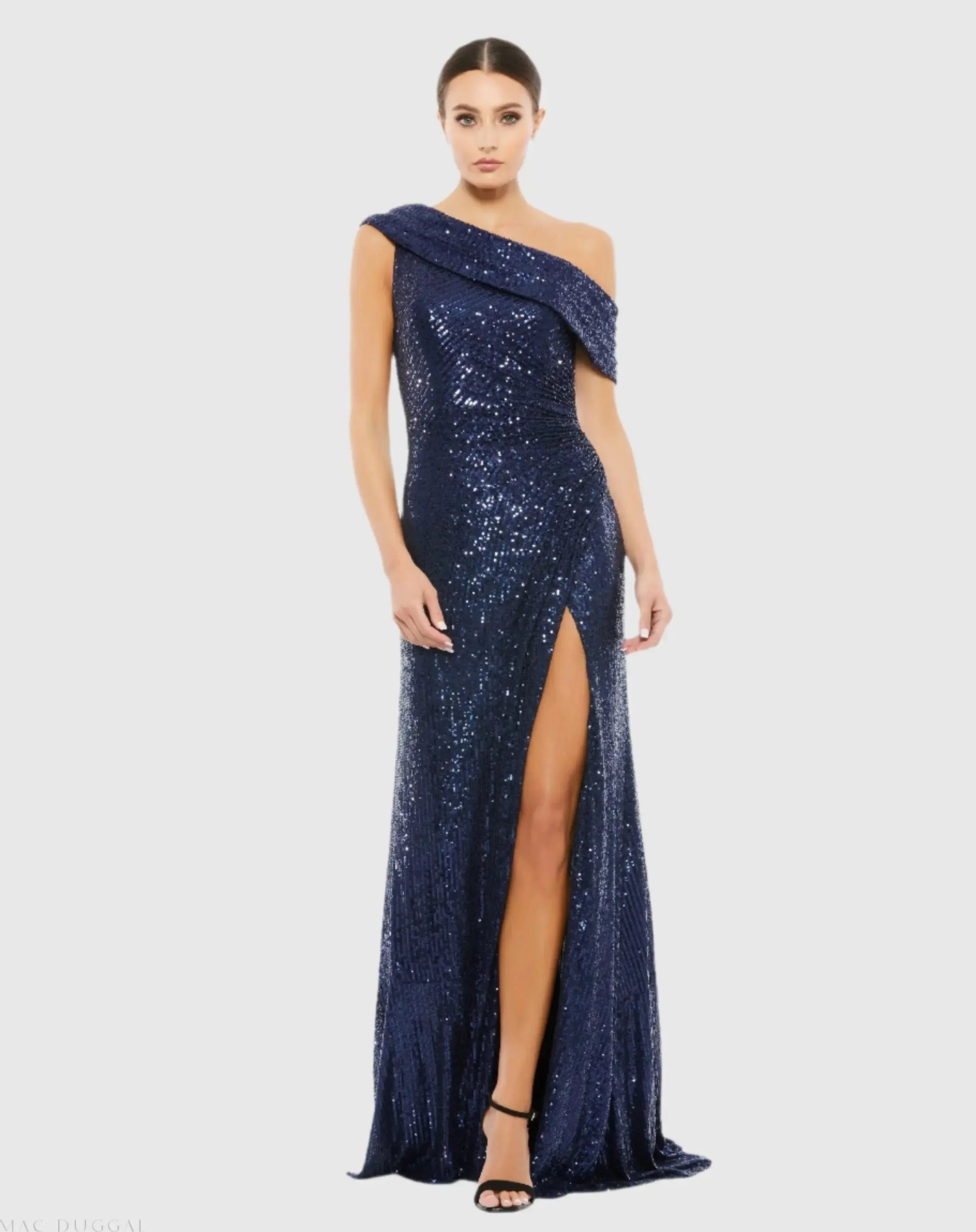 Navy Sequined Drop Shoulder Gown - Ieena for Mac Duggal