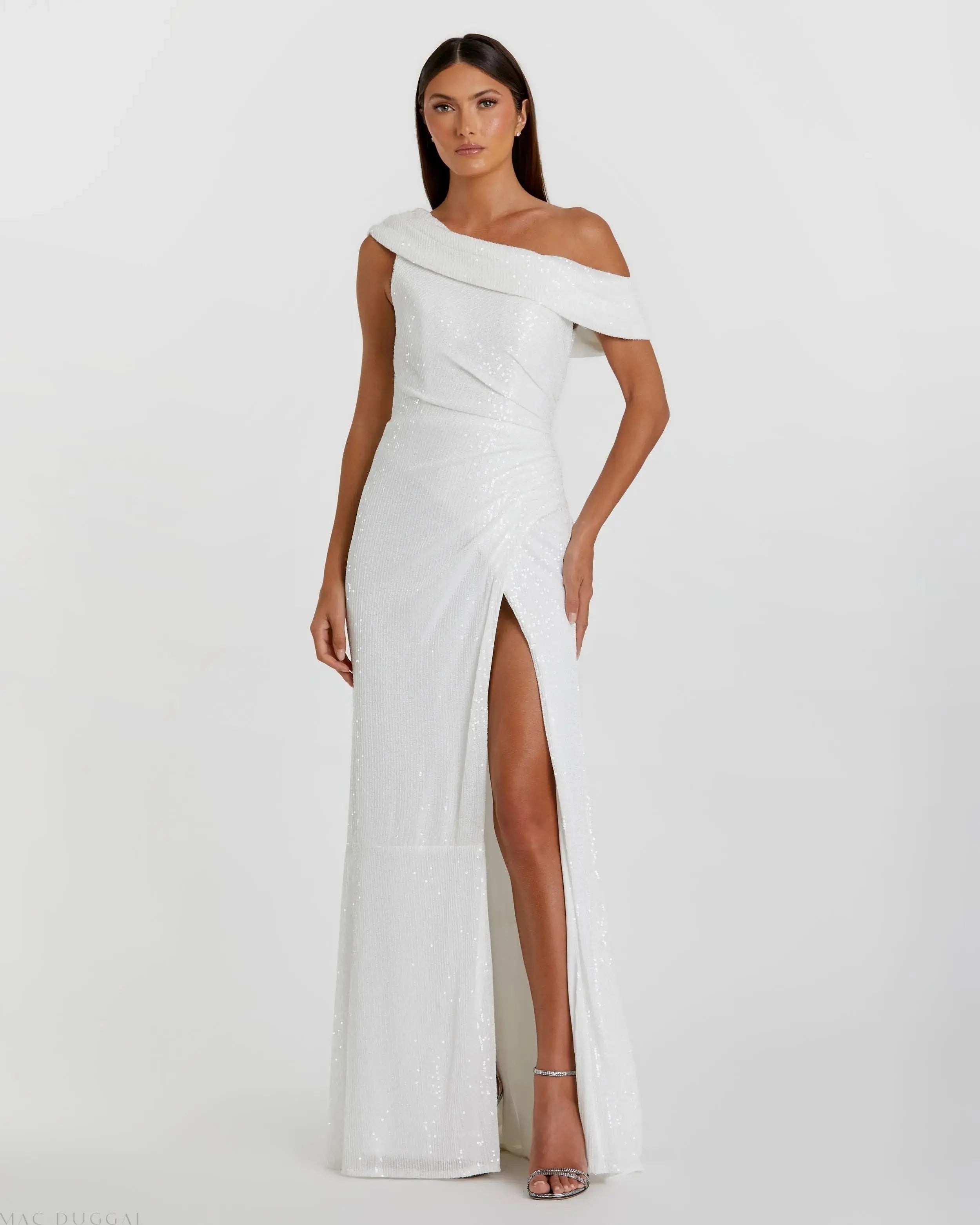 White Sequined Drop Shoulder Gown - FINAL SALE - Mac Duggal