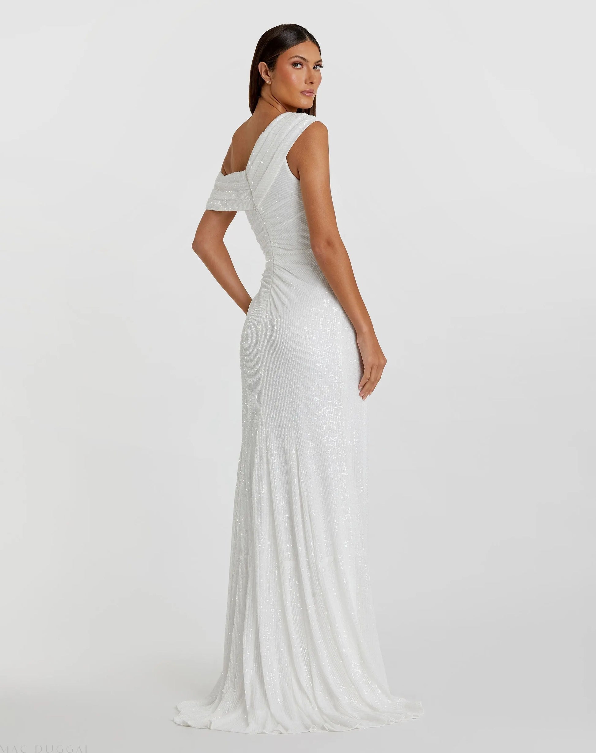 White Sequined Drop Shoulder Gown - FINAL SALE - Mac Duggal