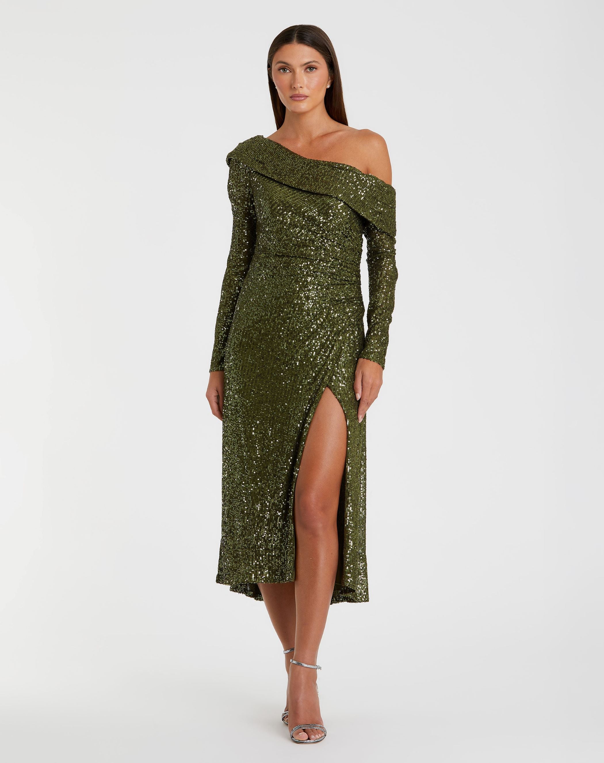 One Shoulder Sequin Long Sleeve Midi Dress