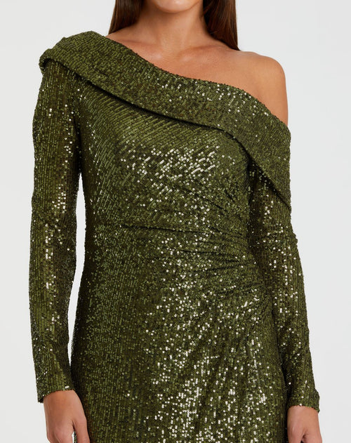 Robe midi asymétrique à sequins et manches longues