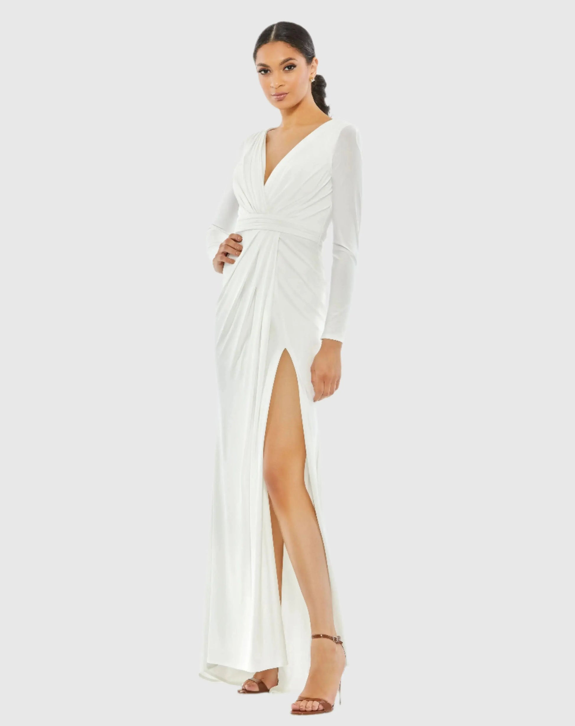 White V-Neck Long Sleeve High Slit Gown - Ieena for Mac Duggal