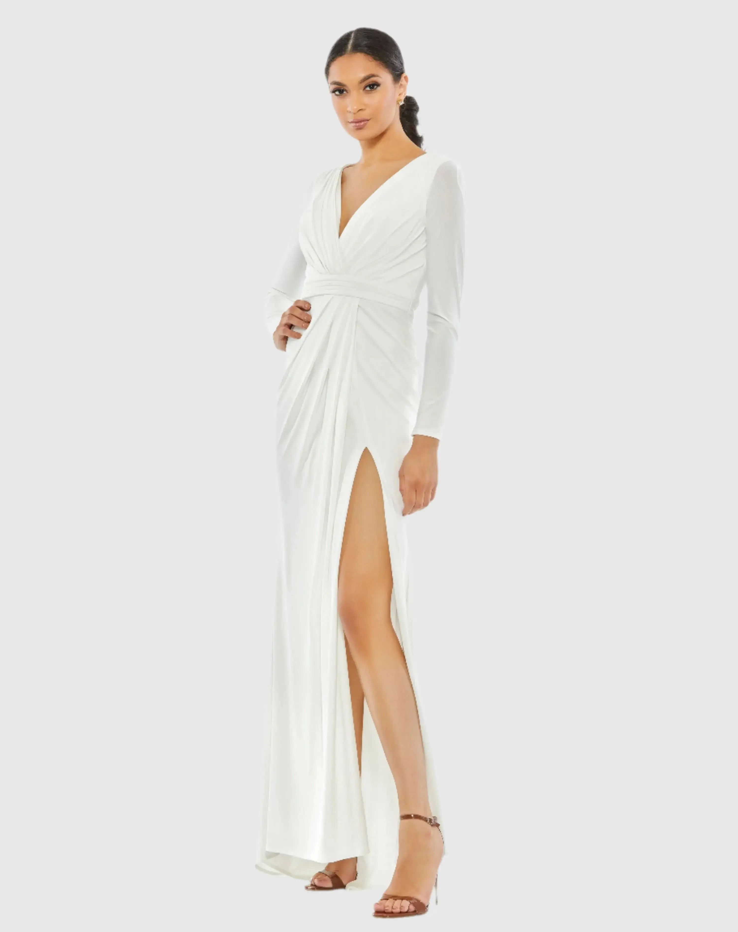White V-Neck Long Sleeve High Slit Gown - Ieena for Mac Duggal