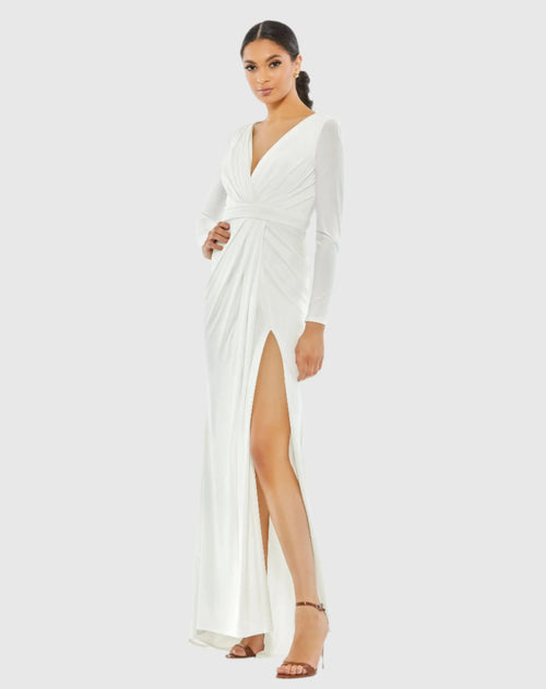 White V-Neck Long Sleeve High Slit Gown - Ieena for Mac Duggal