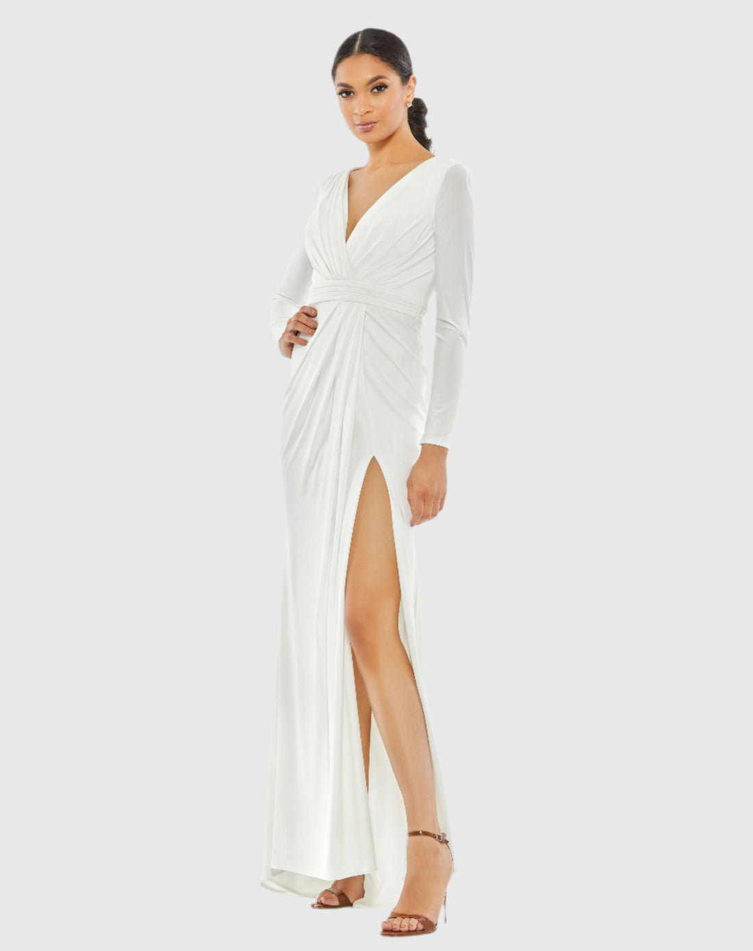 V-Neck Long Sleeve High Slit Gown