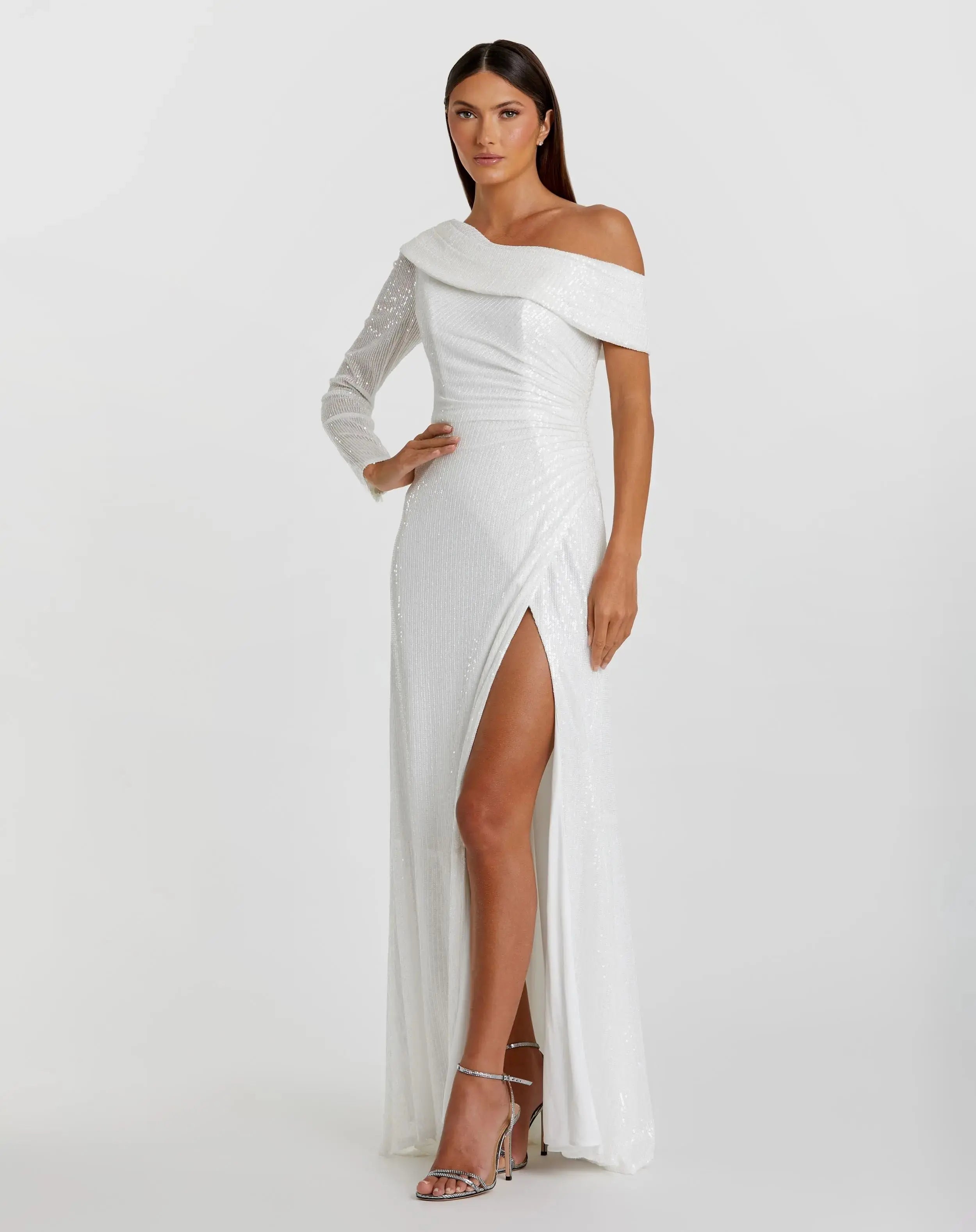White Sequined Drop Shoulder Faux Wrap Gown - Mac Duggal