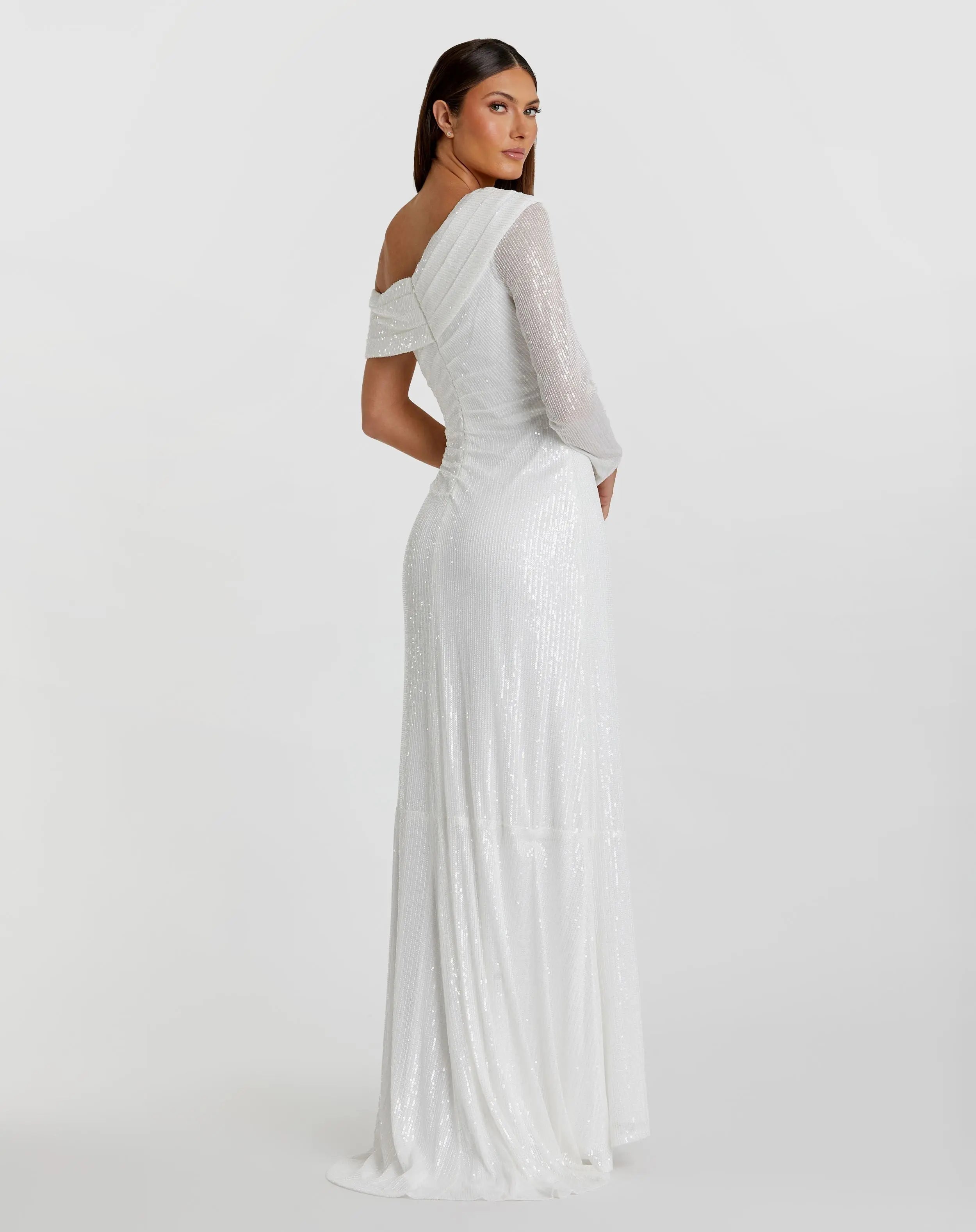 White Sequined Drop Shoulder Faux Wrap Gown - Mac Duggal