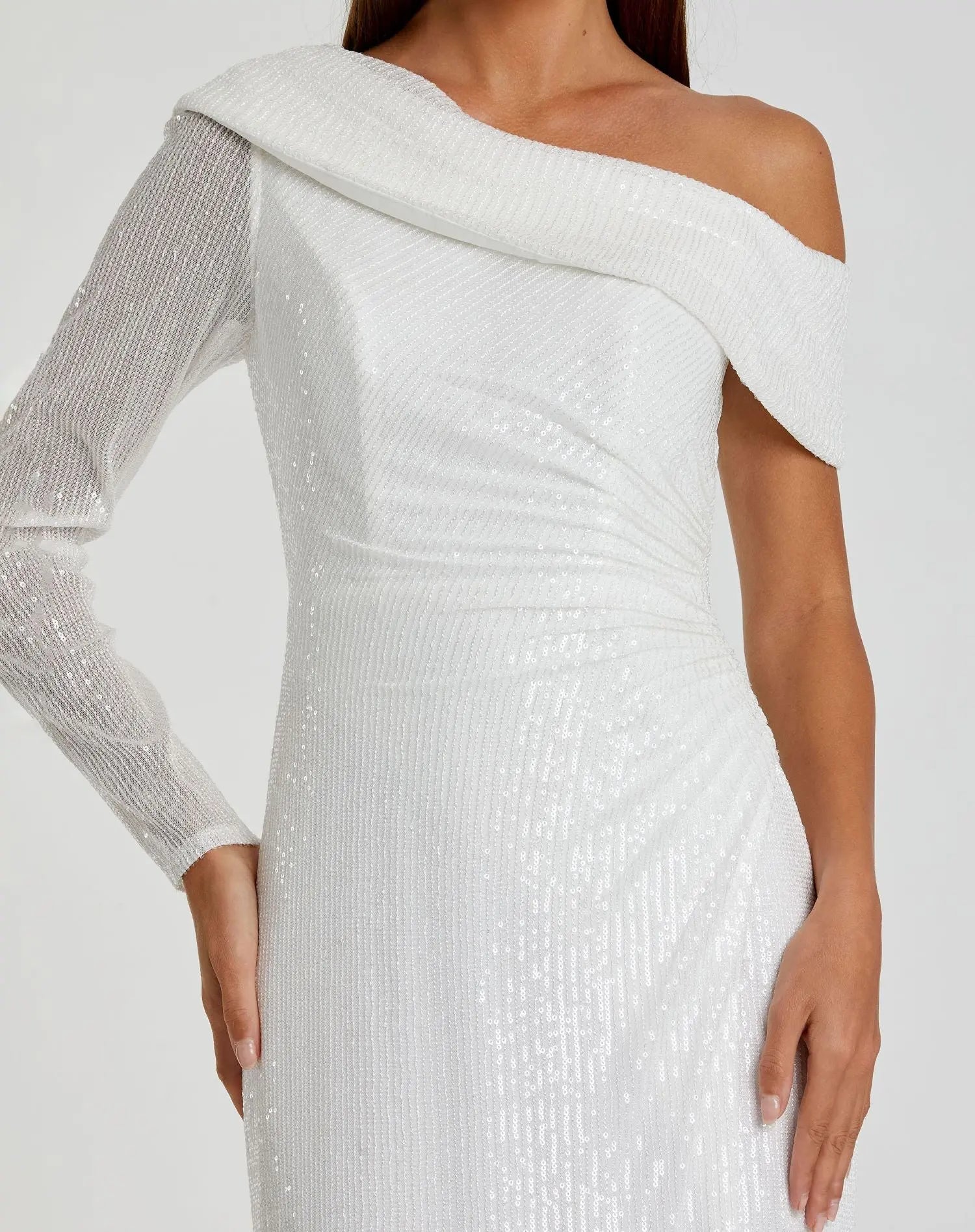 White Sequined Drop Shoulder Faux Wrap Gown - Mac Duggal