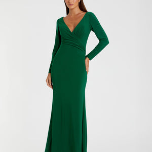 Long Sleeve Ruched Jersey V-Neck Gown