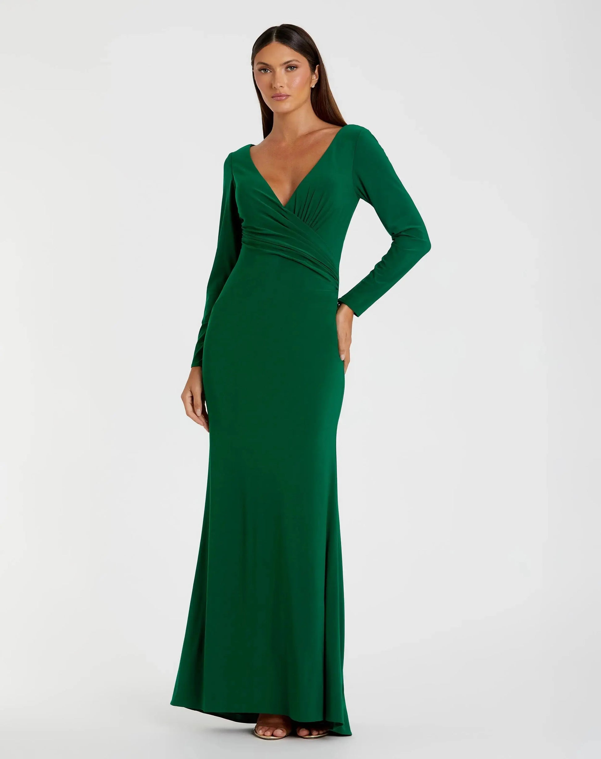 Green Long Sleeve Ruched Jersey V-Neck Gown | Mac Duggal Green Long Sleeve Ruched Jersey V-Neck Gown | Mac Duggal