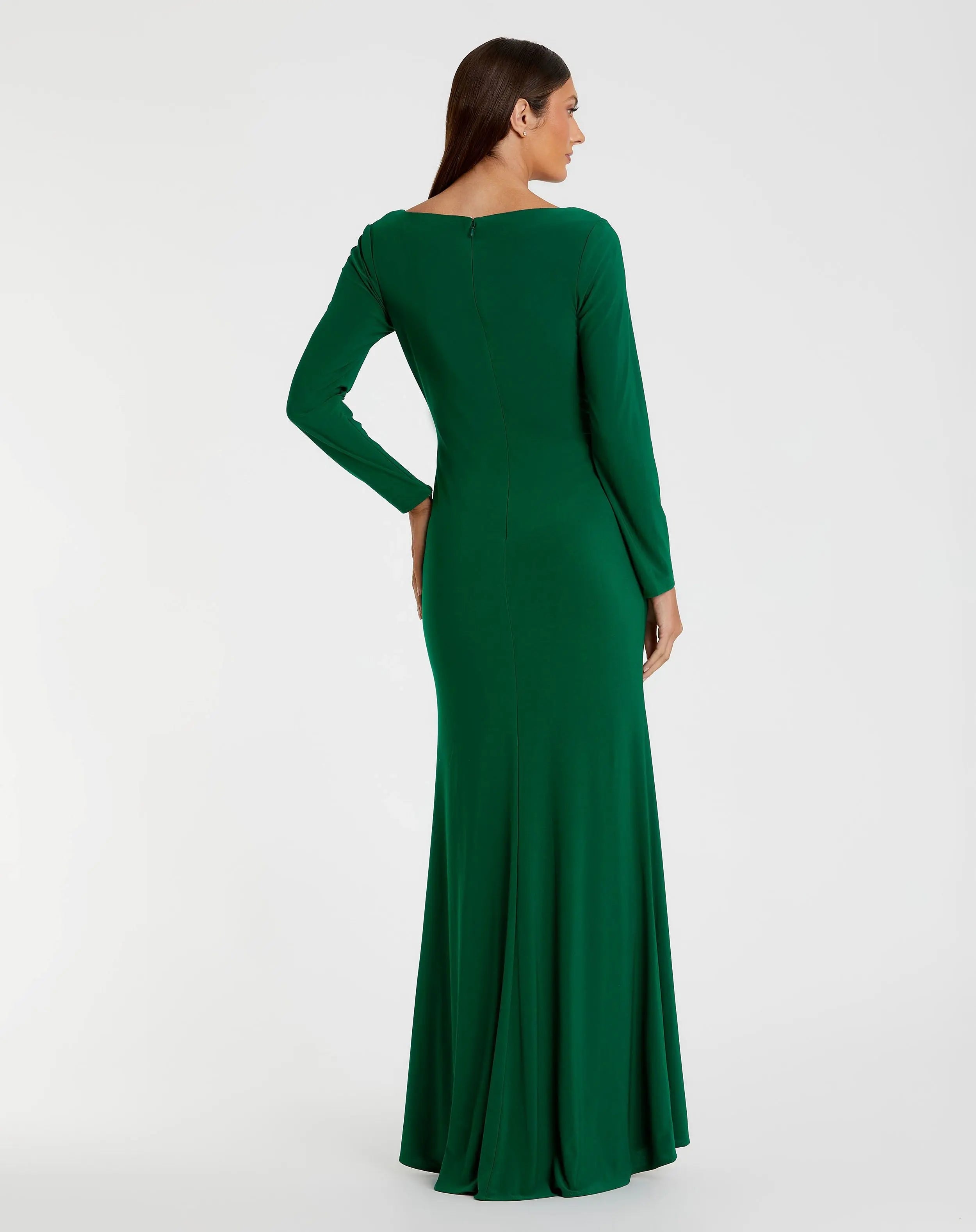 Green Long Sleeve Ruched Jersey V-Neck Gown - Ieena for Mac Duggal