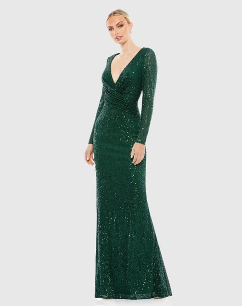 Sequined Faux Wrap Long Sleeve Column Gown