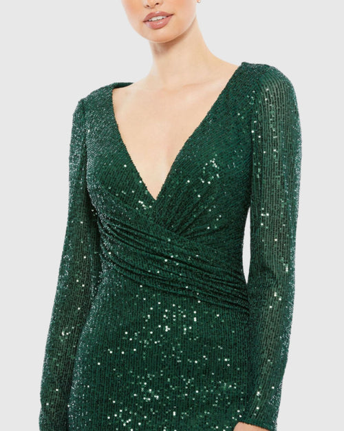 Green Sequined Faux Wrap Long Sleeve Column Gown