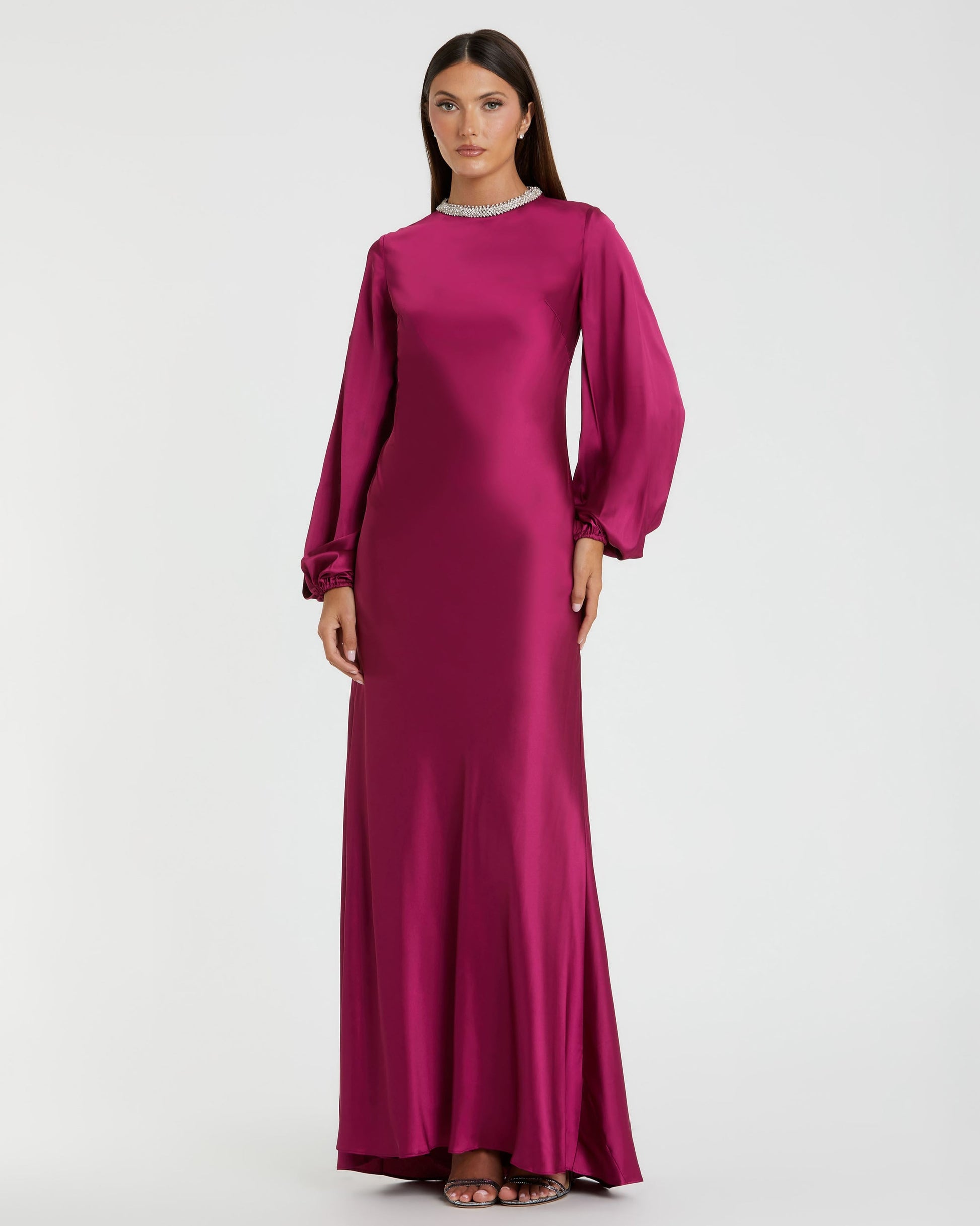 Beaded High Neck Bishop Sleeve Satin Gown