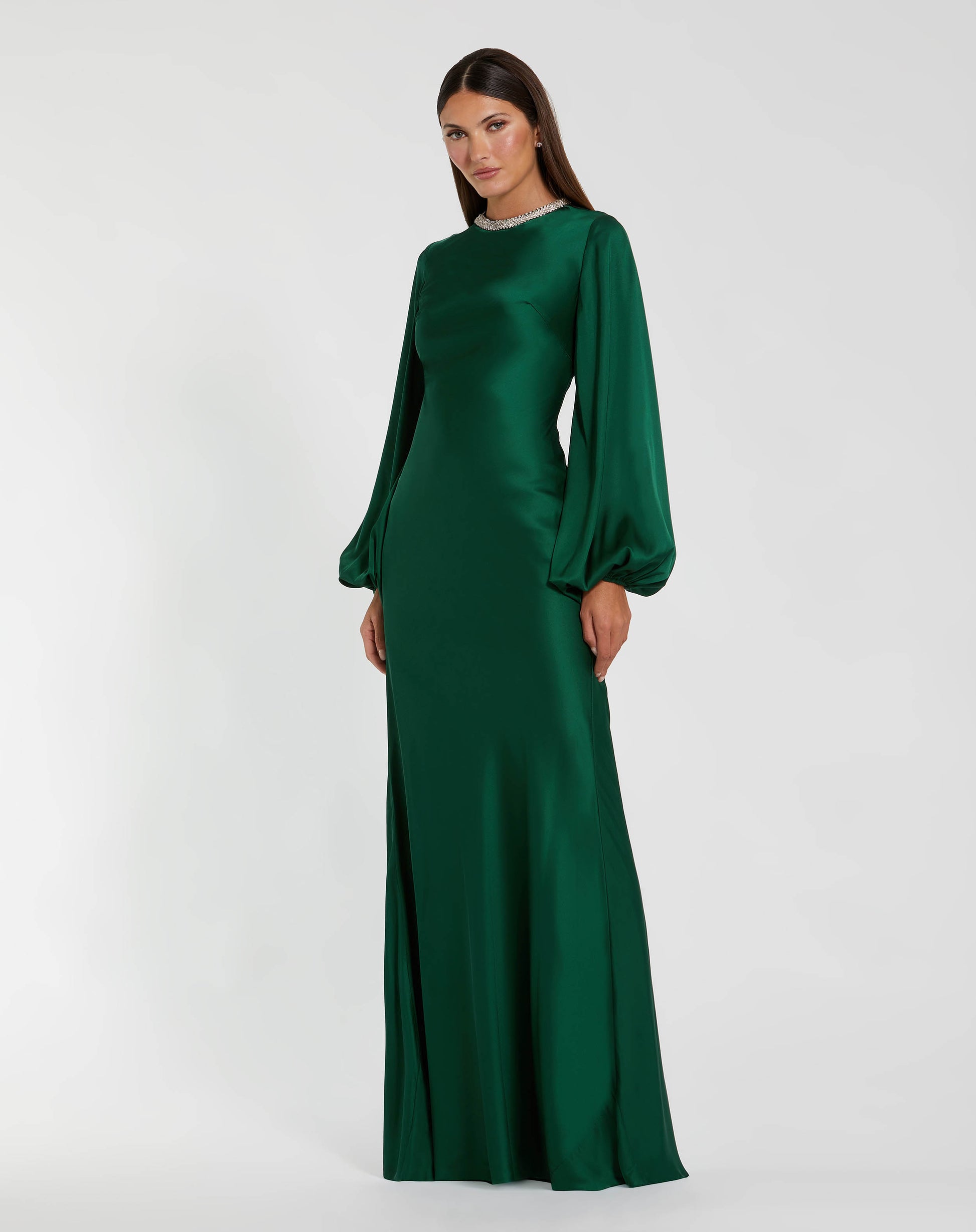 Emerald Beaded High Neck Bishop Sleeve Satin Gown Mac Duggal