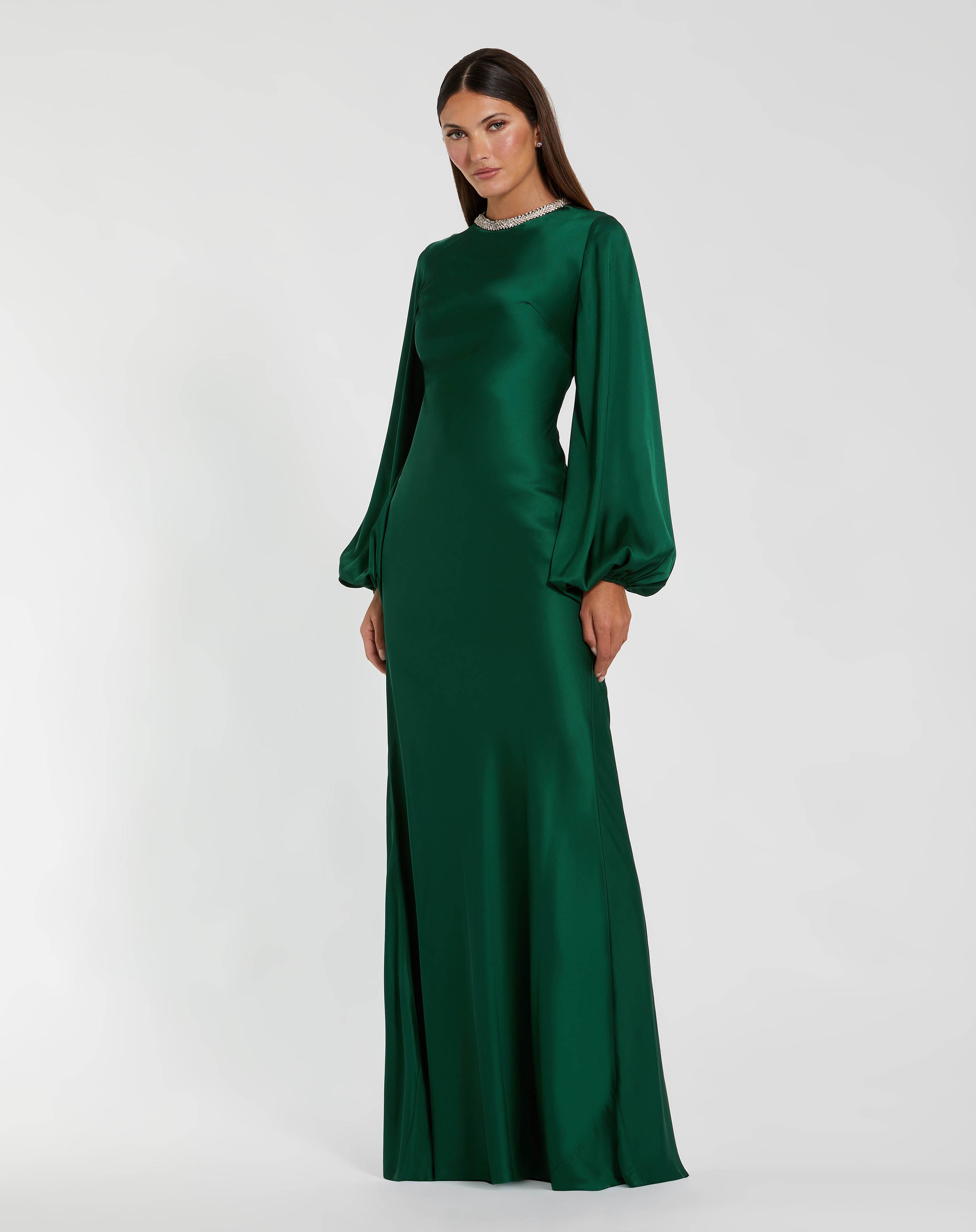 Emerald Beaded High Neck Bishop Sleeve Satin Gown Mac Duggal