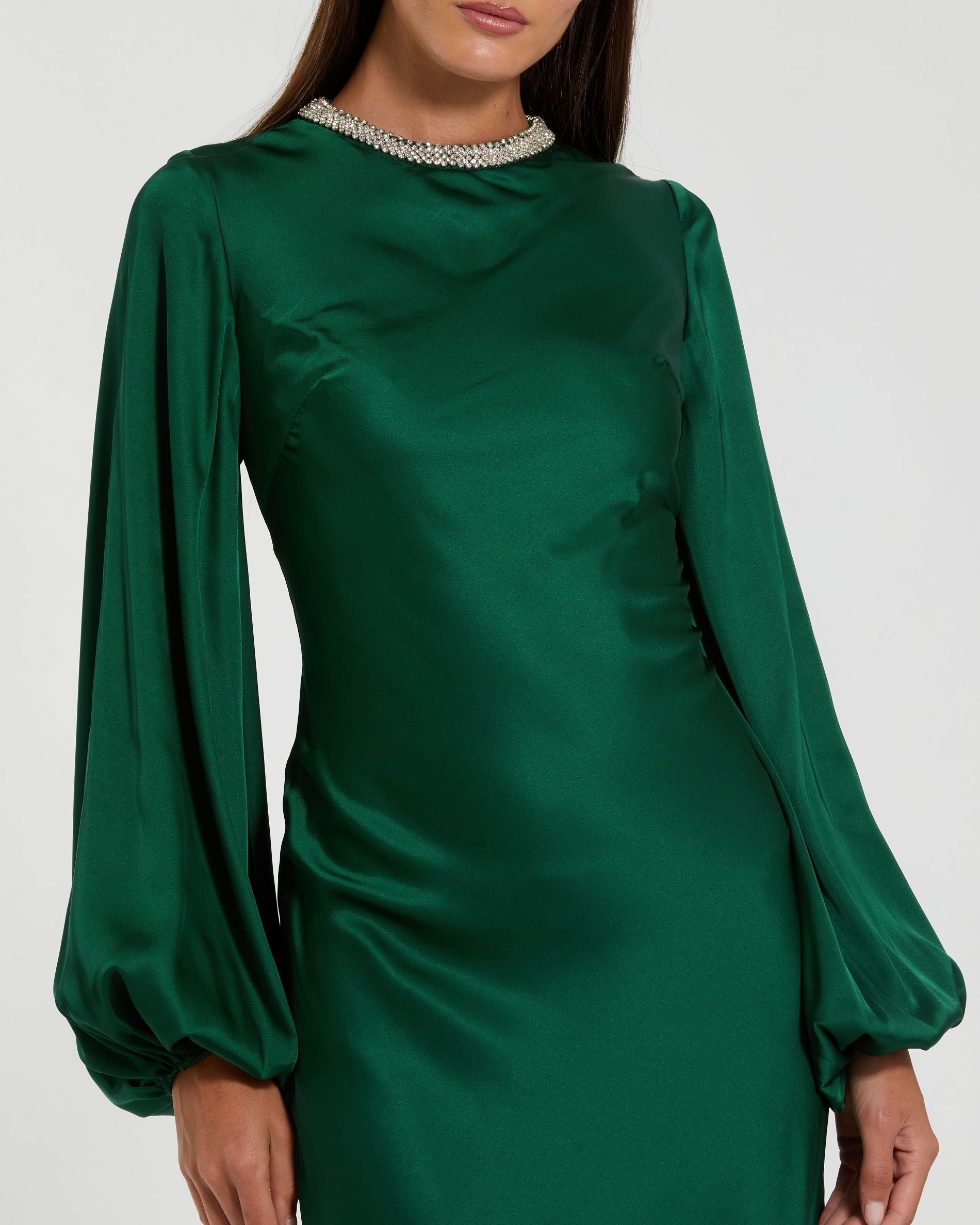 Emerald Beaded High Neck Bishop Sleeve Satin Gown Mac Duggal