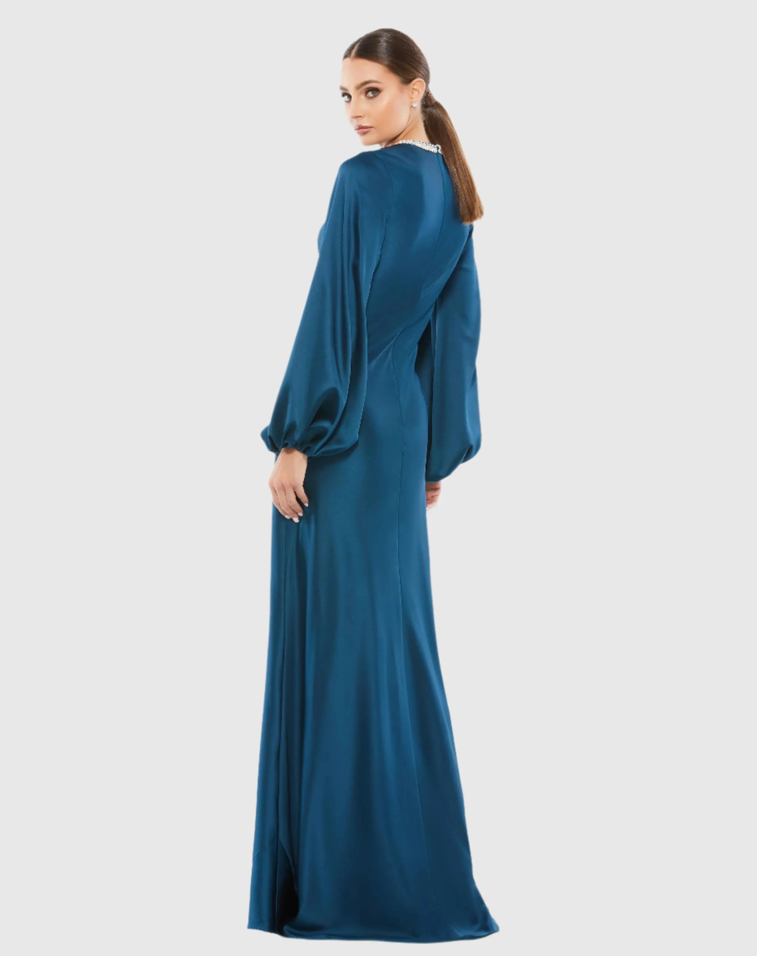 Blue Beaded High Neck Bishop Sleeve Satin Gown - Ieena for Mac Duggal