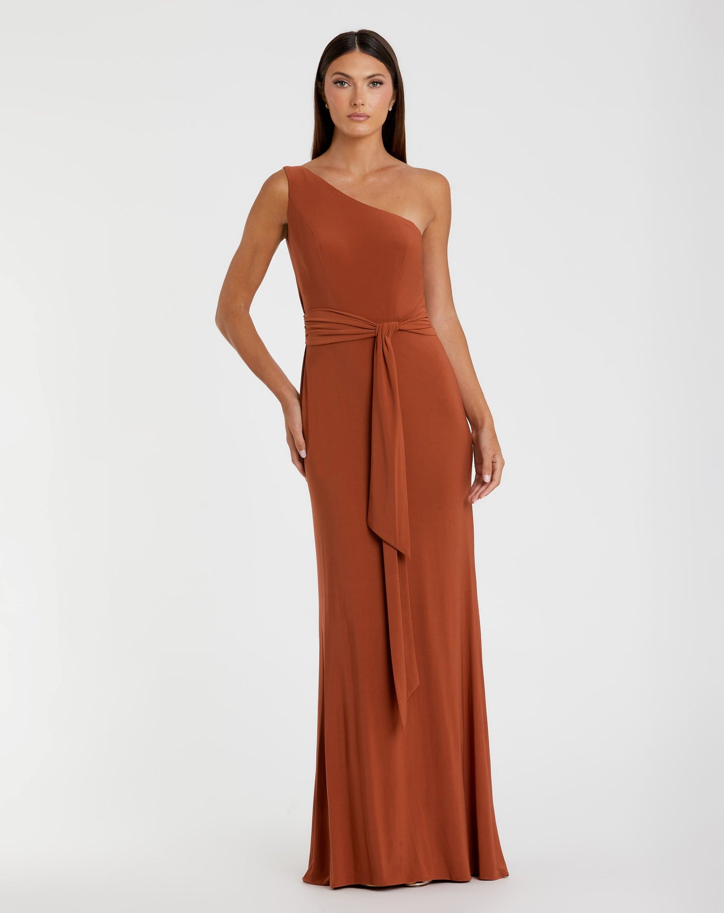 Jersey One Shoulder Belted Trumpet Gown