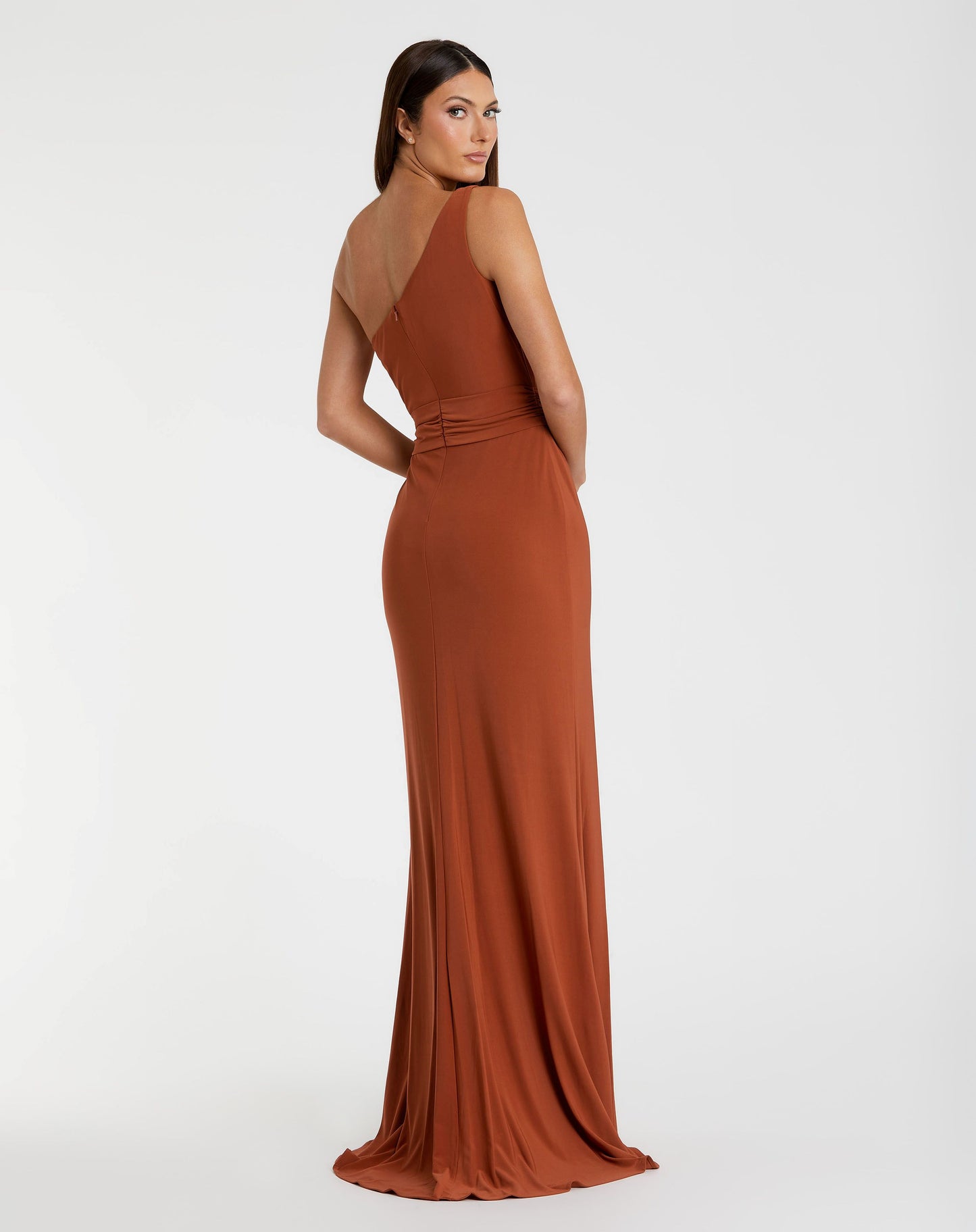 Jersey One Shoulder Belted Trumpet Gown