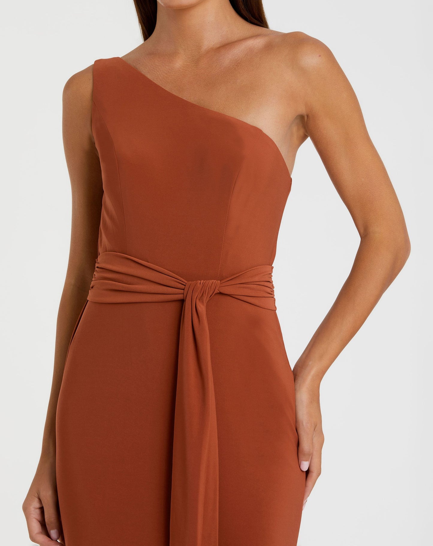 Jersey One Shoulder Belted Trumpet Gown