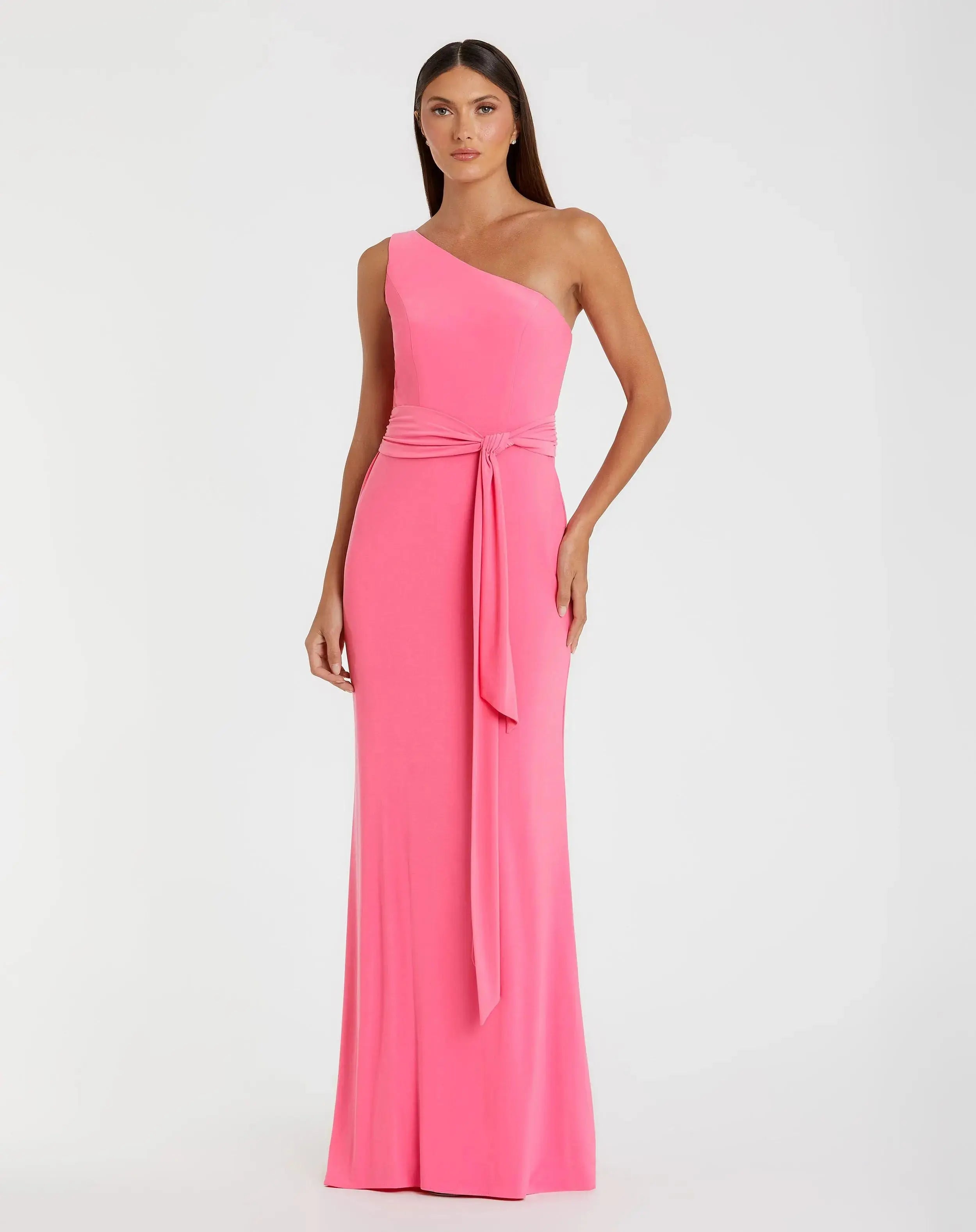 Pink Jersey One Shoulder Belted Trumpet Gown - Ieena for Mac Duggal