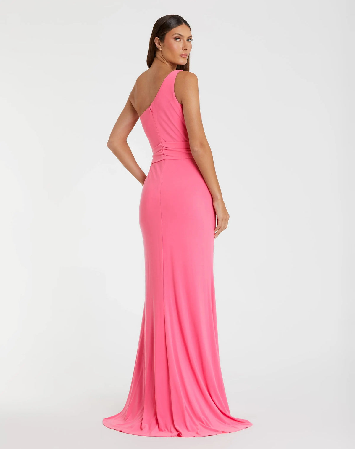 Pink Variant Pink Jersey One Shoulder Belted Trumpet Gown - Mac Duggal
