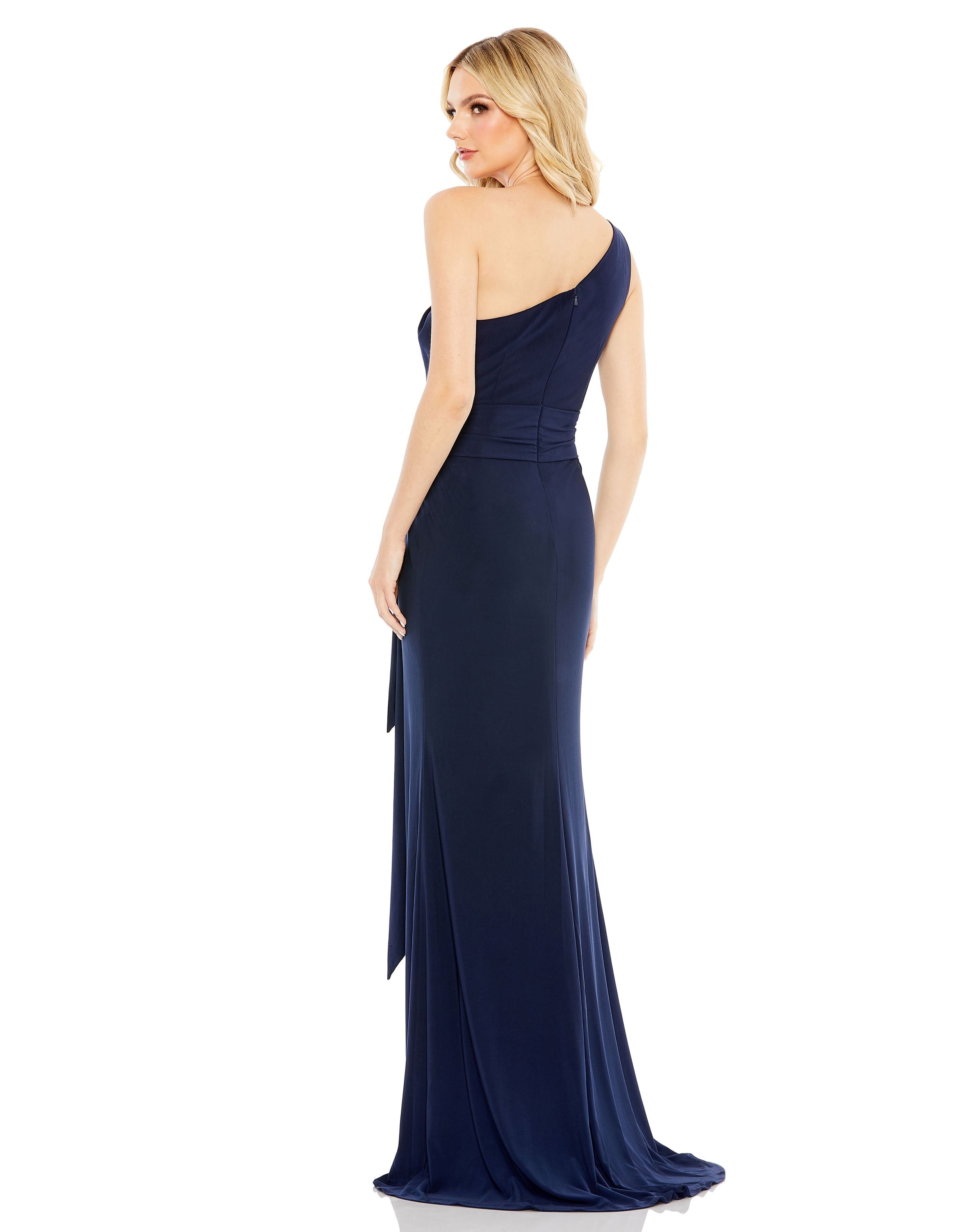 Jersey One Shoulder Belted Trumpet Gown