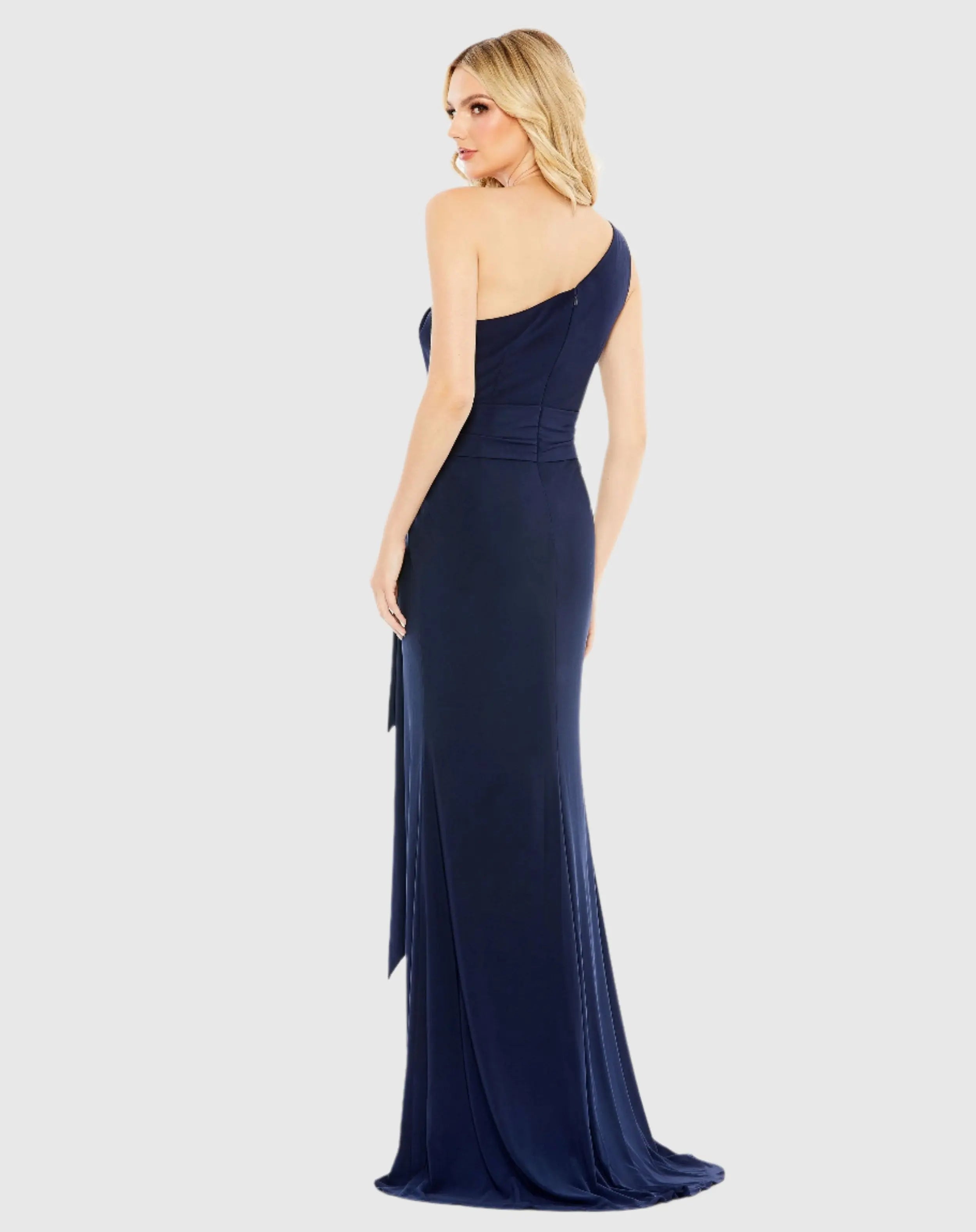 Navy Jersey One Shoulder Belted Trumpet Gown - Ieena for Mac Duggal