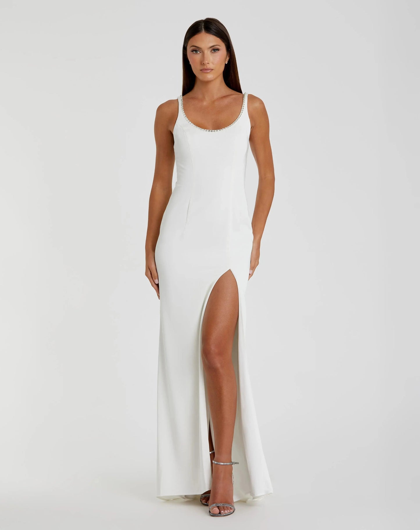 White Sleeveless Crystal Scoop Neckline Column Gown with High Slit - Mac Duggal White Sleeveless Crystal Scoop Neckline Column Gown with High Slit - Mac Duggal