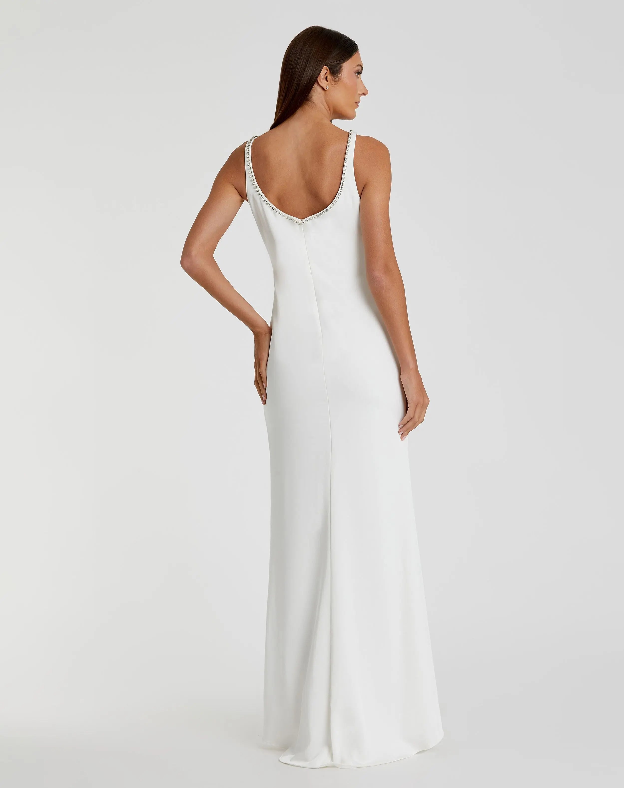 White Sleeveless Crystal Scoop Neckline Column Gown with High Slit - Mac Duggal