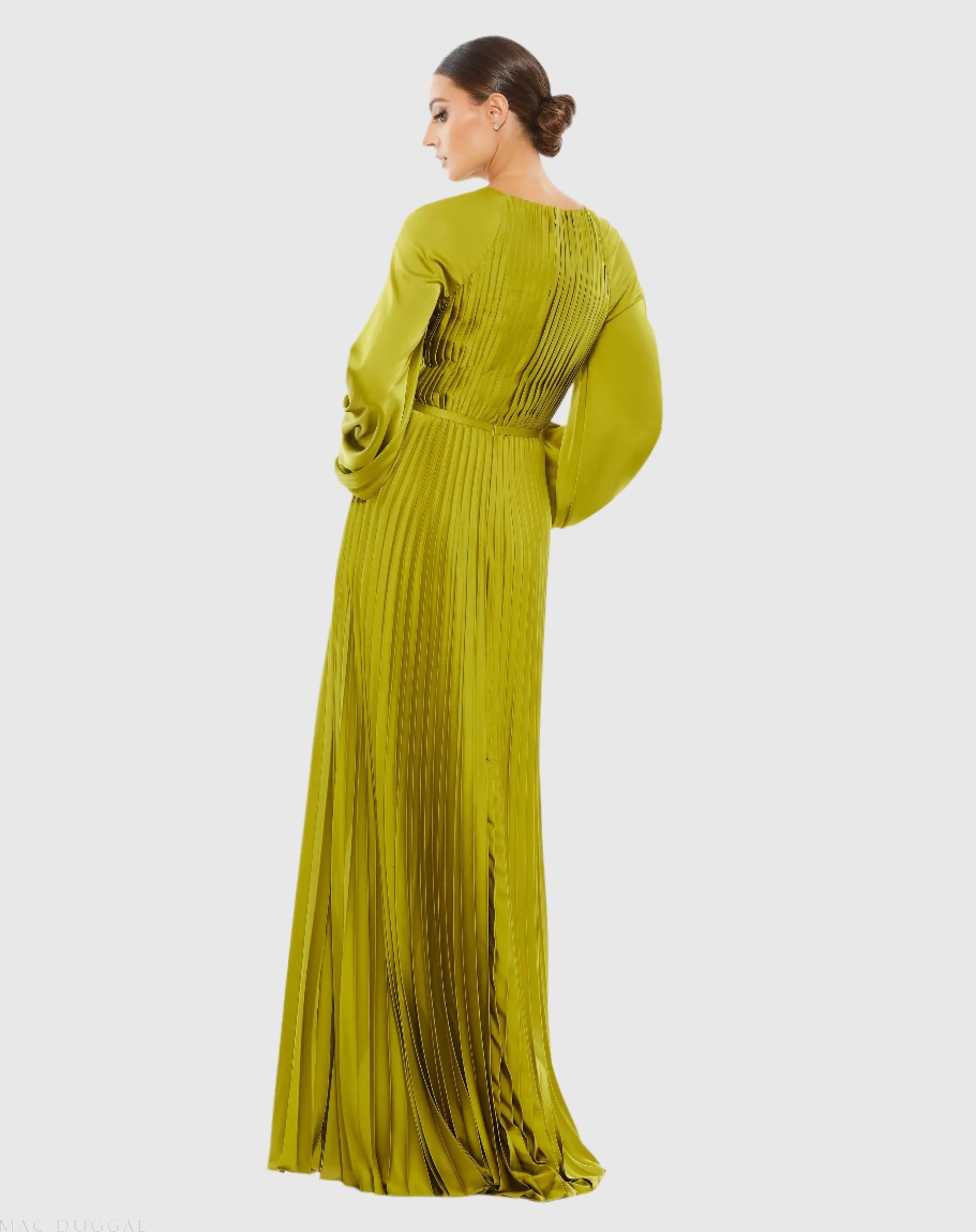 Green Pleated High Neck Raglan Long Sleeve Side Slit Gown - Ieena for Mac Duggal