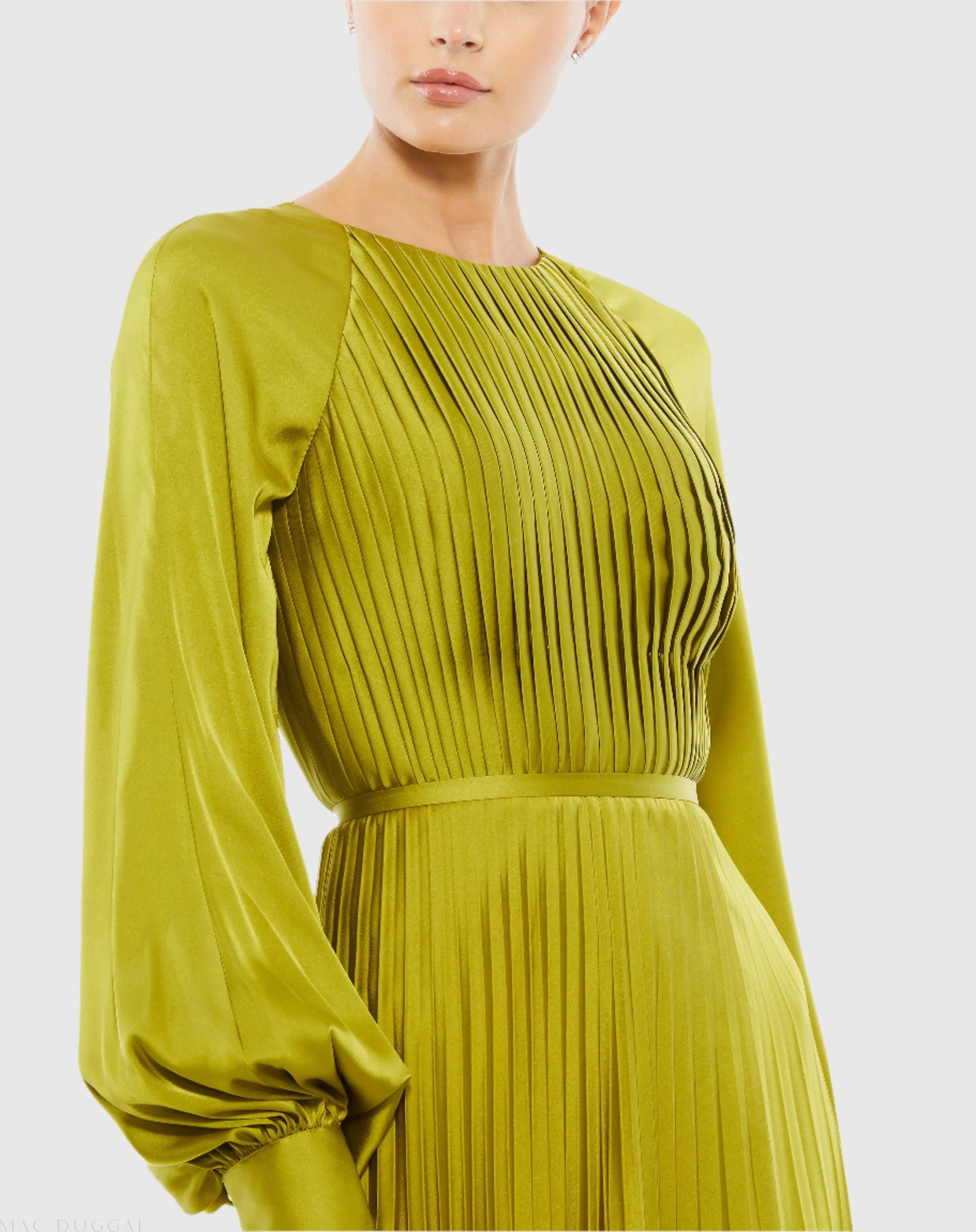 mac duggal apple green dress Green Pleated High Neck Long Sleeve Gown with Slit