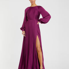 Pleated High Neck Raglan Long Sleeve Side Slit Gown