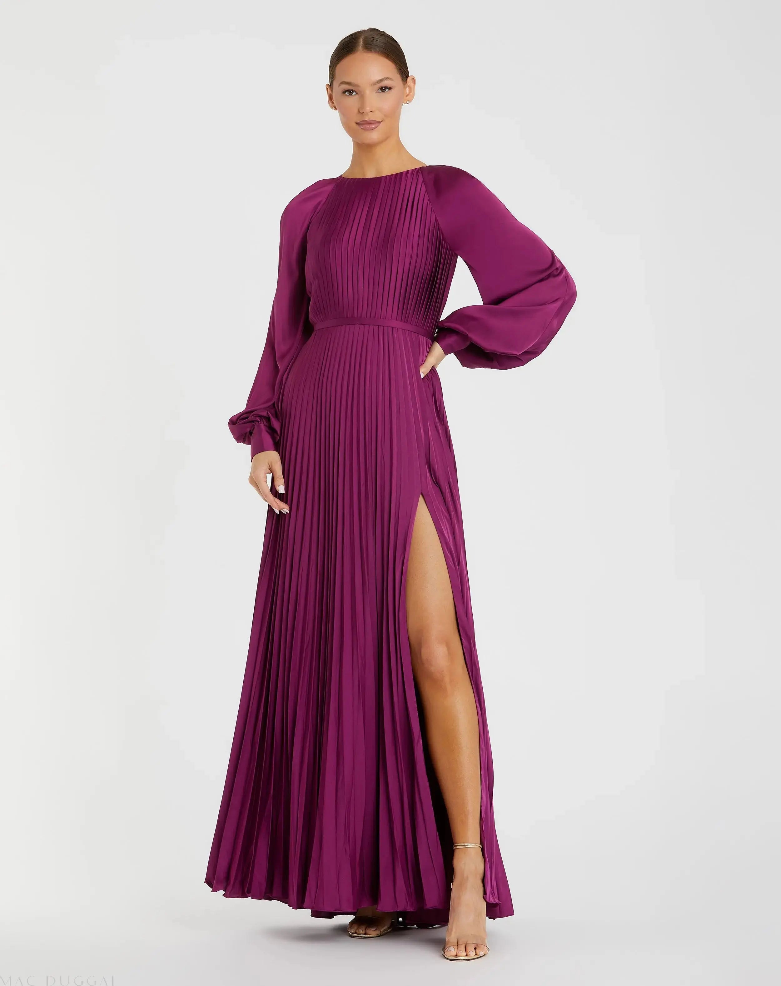 Purple Pleated High Neck Raglan Long Sleeve Side Slit Gown - Mac Duggal