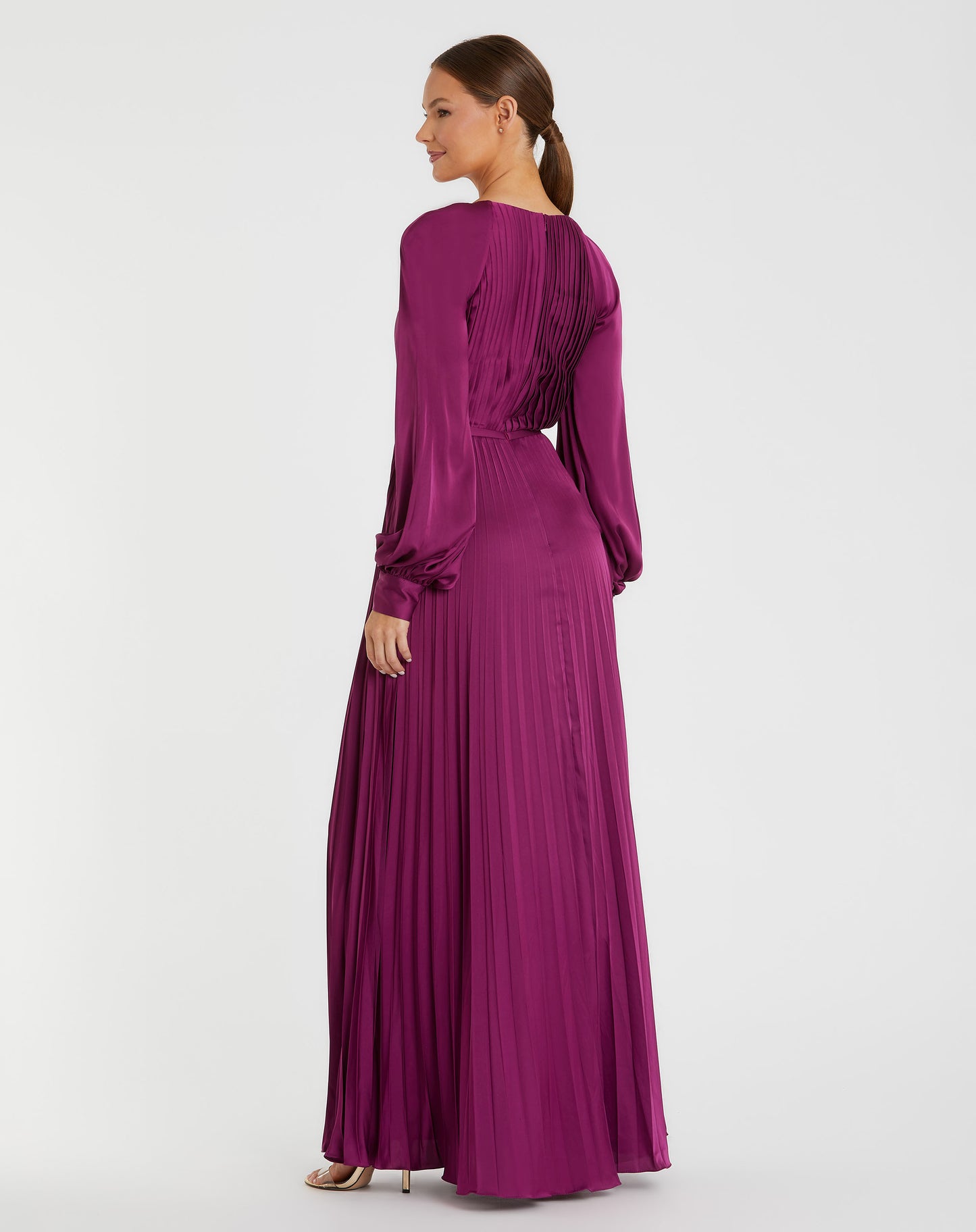 Pleated High Neck Raglan Long Sleeve Side Slit Gown