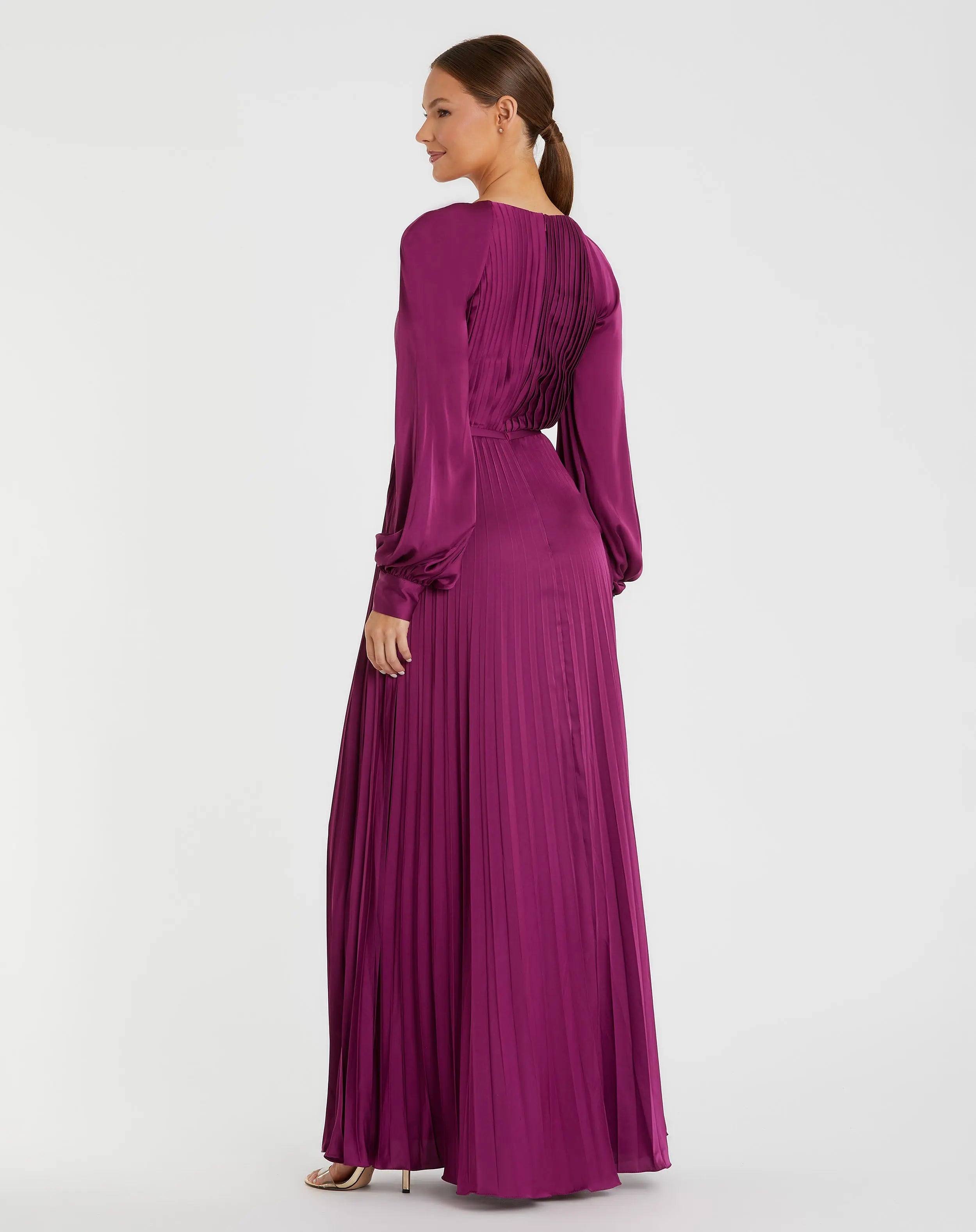 Purple Pleated High Neck Raglan Long Sleeve Side Slit Gown - Mac Duggal