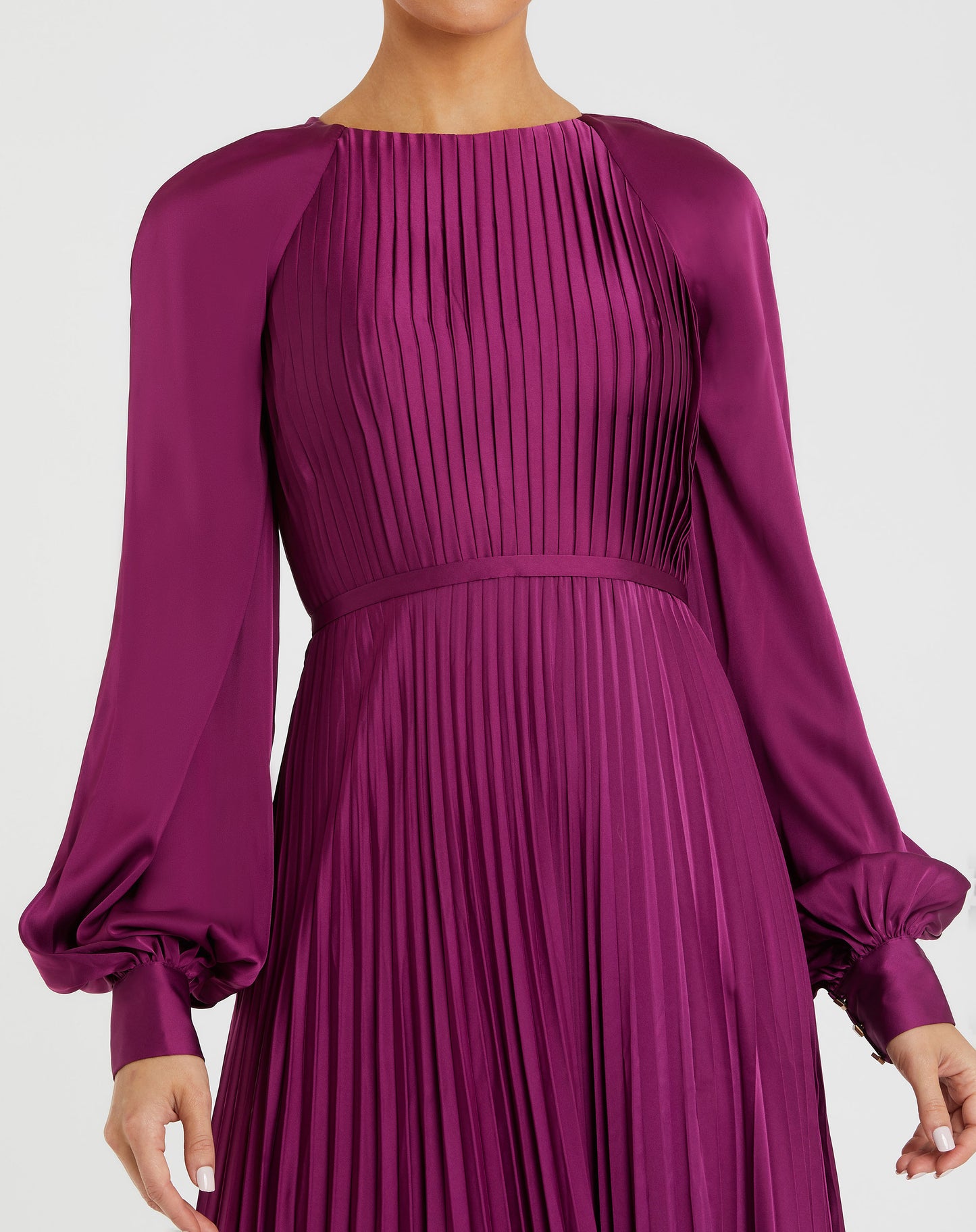 Pleated High Neck Raglan Long Sleeve Side Slit Gown